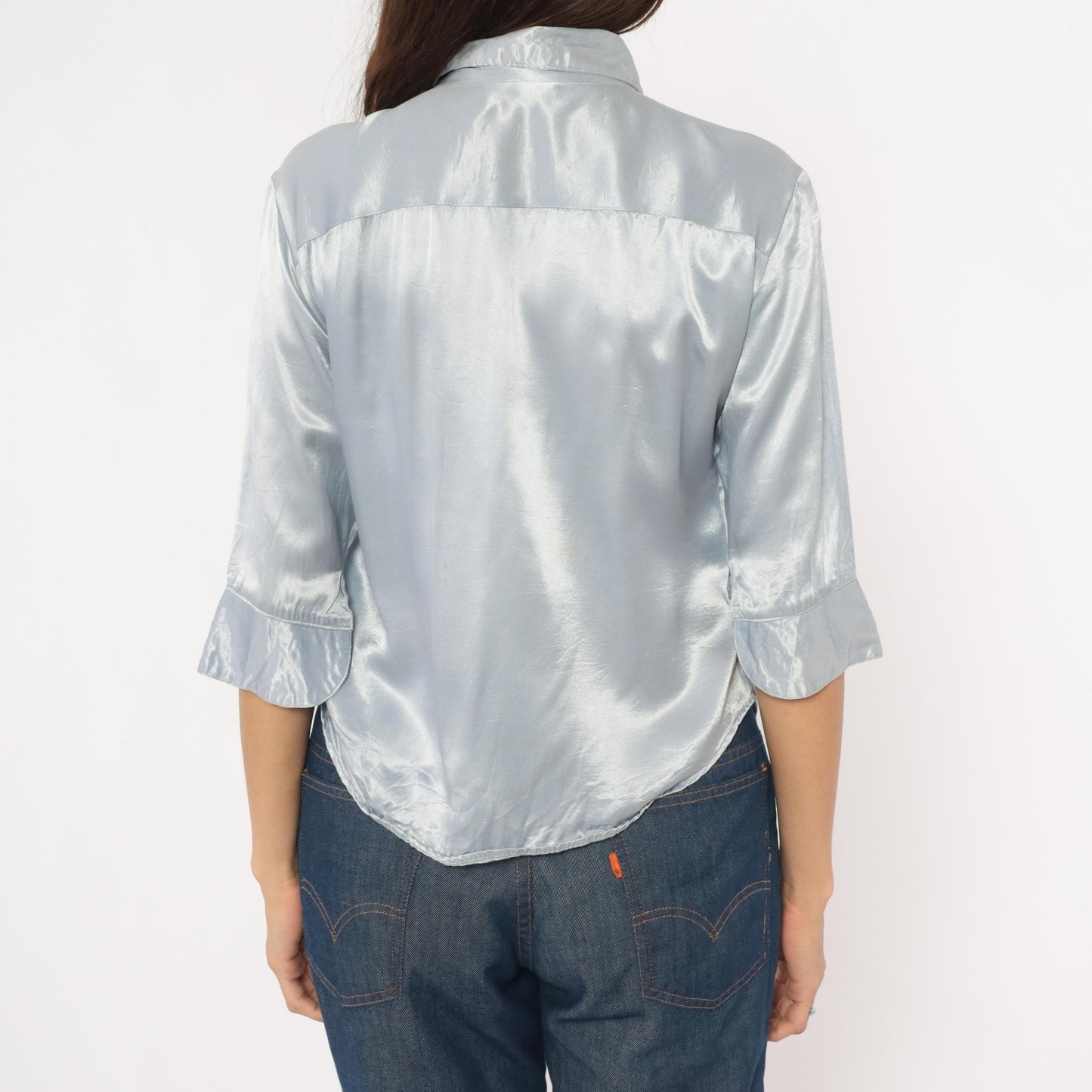 90s Younique Silver Satin Button Blouse Three Quarter Sleeve Small