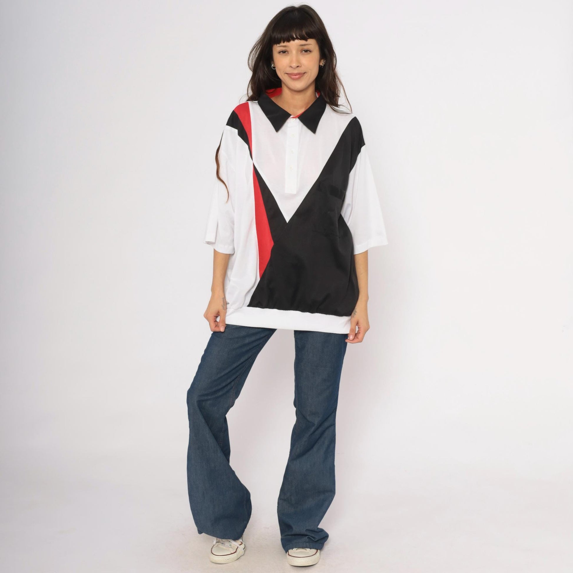 80s Envoy Colour Block Polo Chevron White Black Red Plus Size XXL