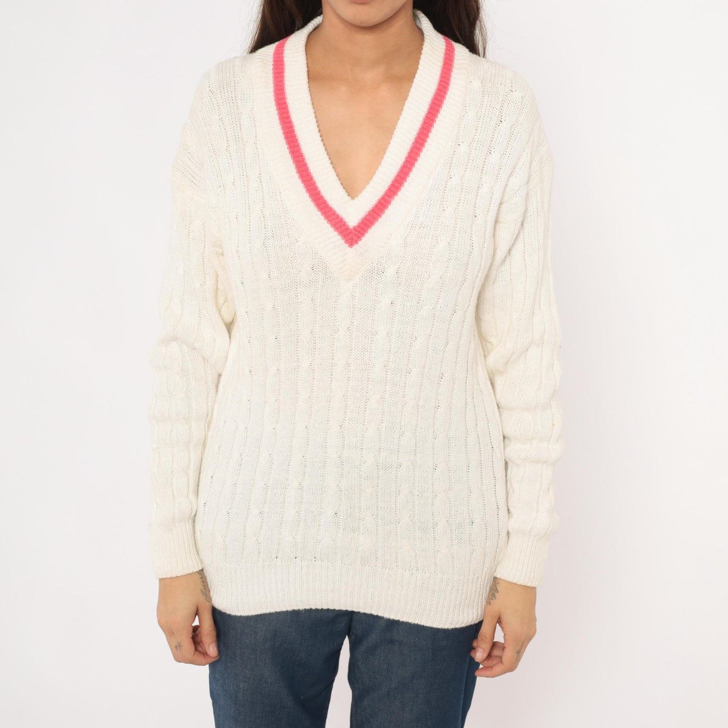 90s Boundary Waters Cable Knit V Neck Sweater Pink Stripe Ivory Small S