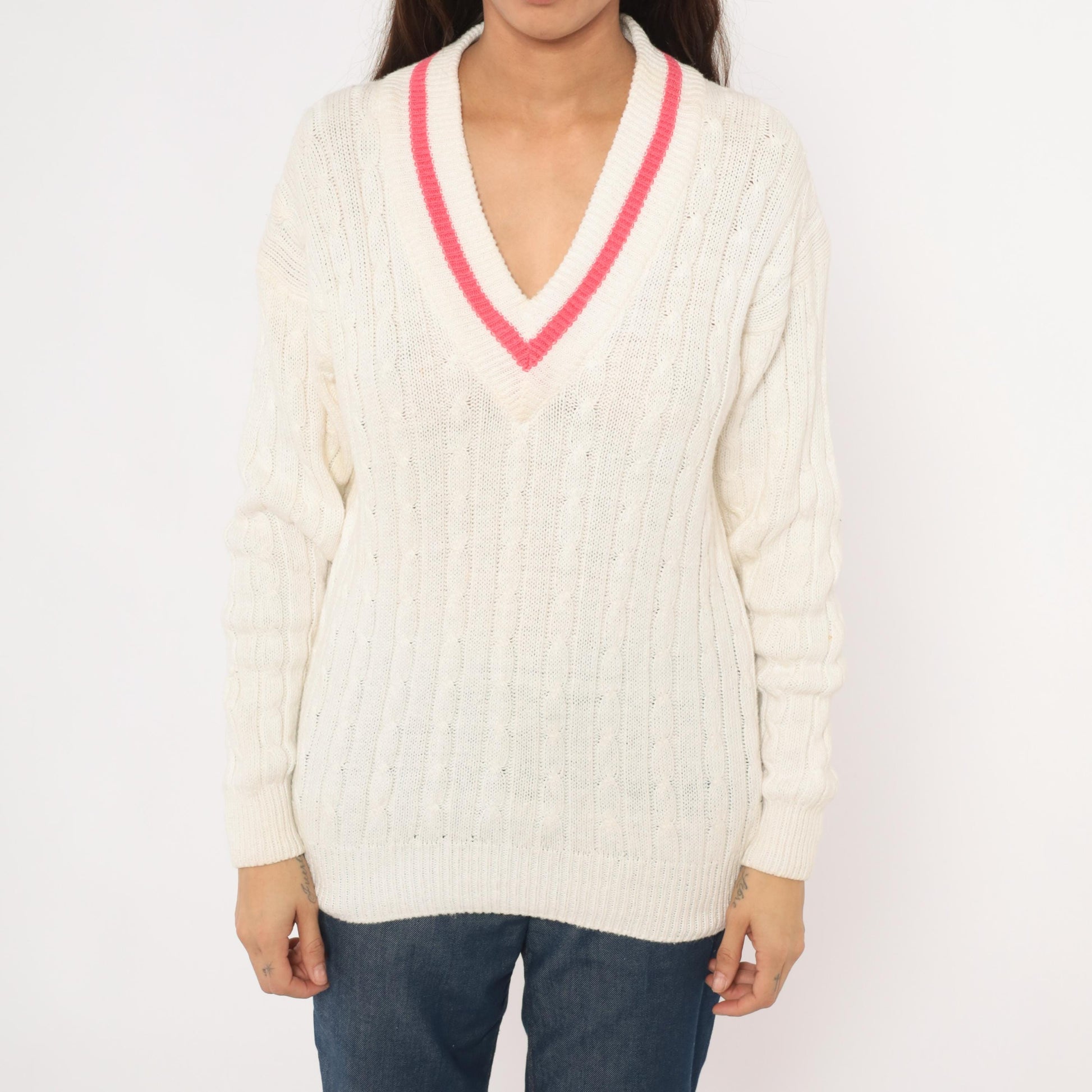 90s Boundary Waters Cable Knit V Neck Sweater Pink Stripe Ivory Small S