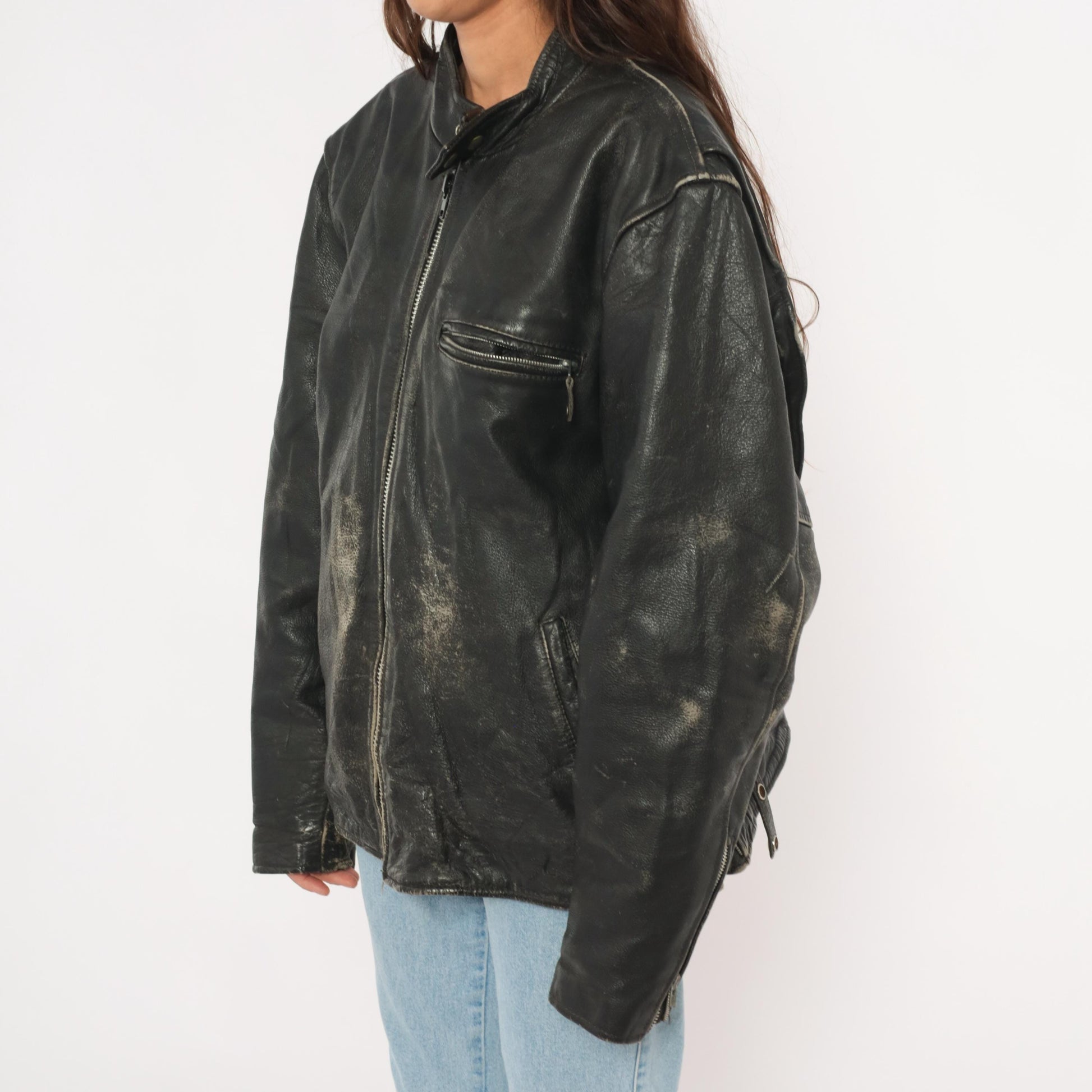 90s Unik Leather Cafe Racer Jacket Black Moto Coat Heavy Weight Extra Large