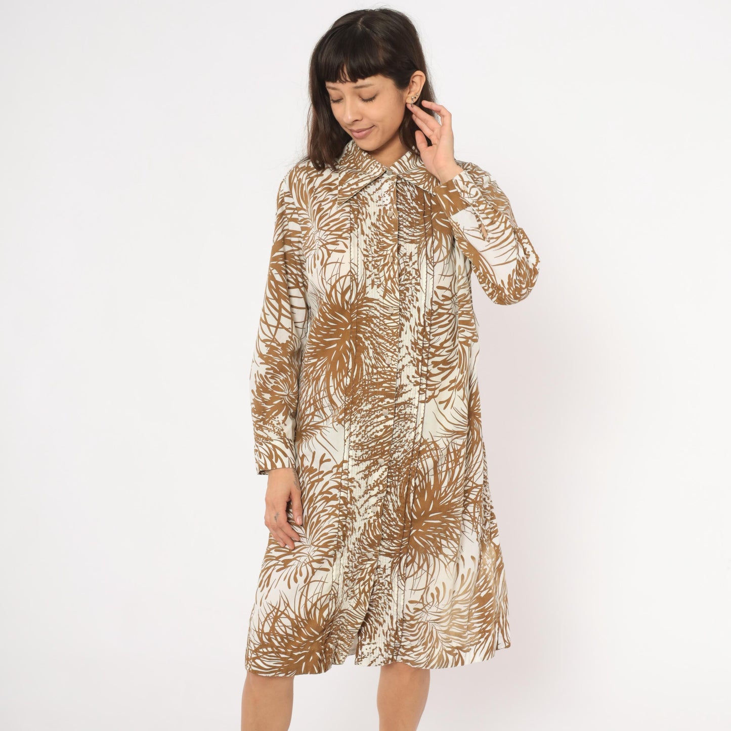 70s The Spectator Tropical Print Shirt Dress Brown Cream Knee Length Large L