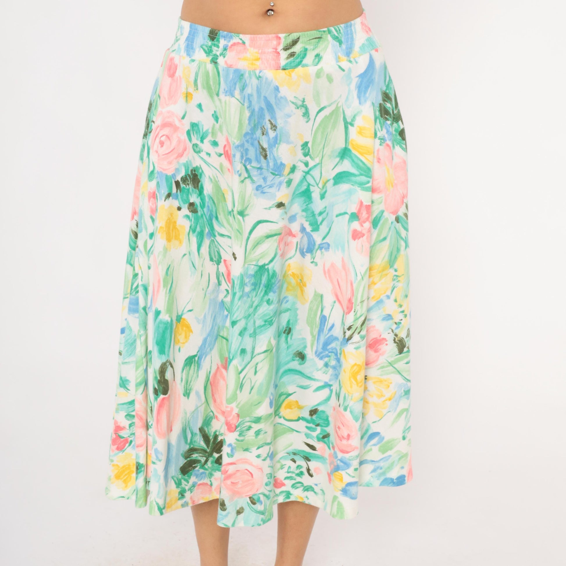 80s Dennis Goldsmith Floral Midi Skirt A-Line Pink Teal Green Medium