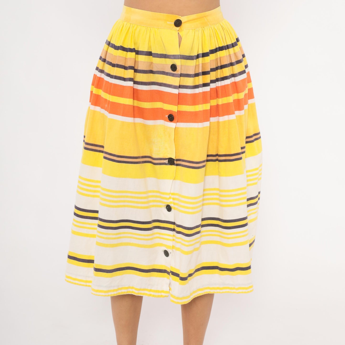 70s Striped Button Front Midi Skirt Yellow Orange Cotton Gathered Waist Small