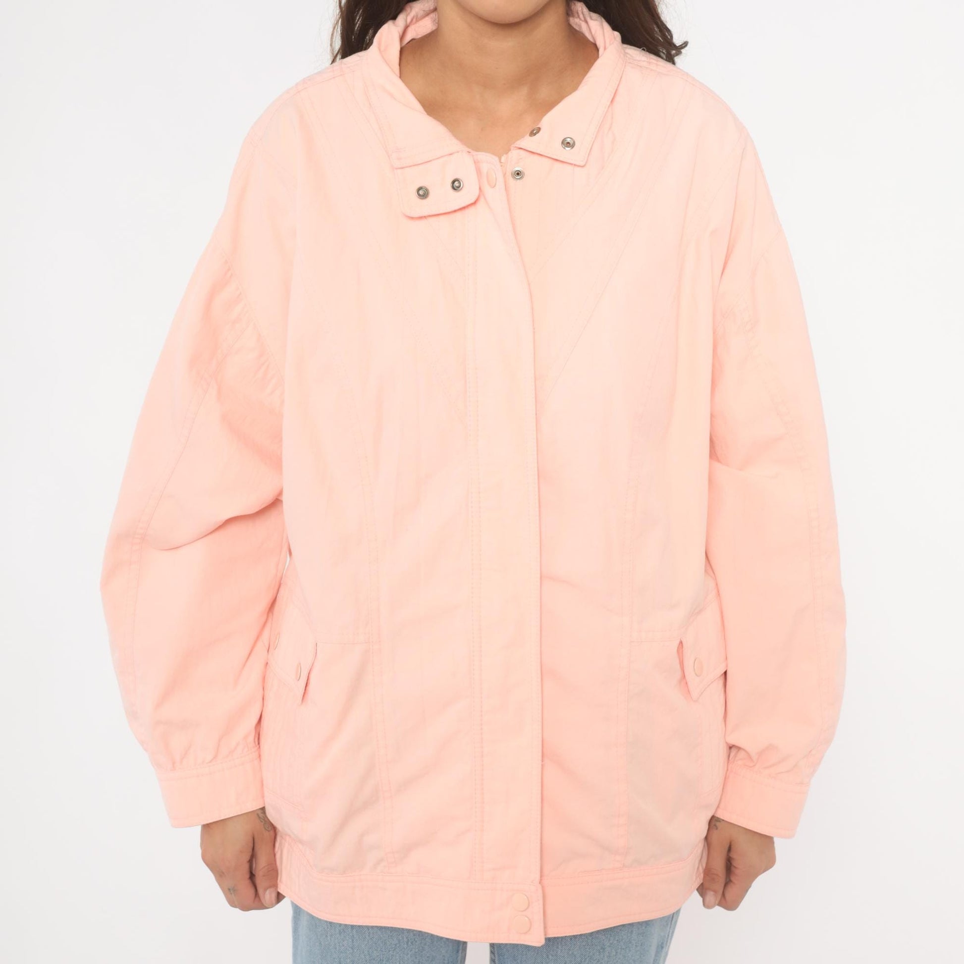 80s Aurora International Windbreaker Jacket Peach Snap Collar Zip Front Extra Large XXL