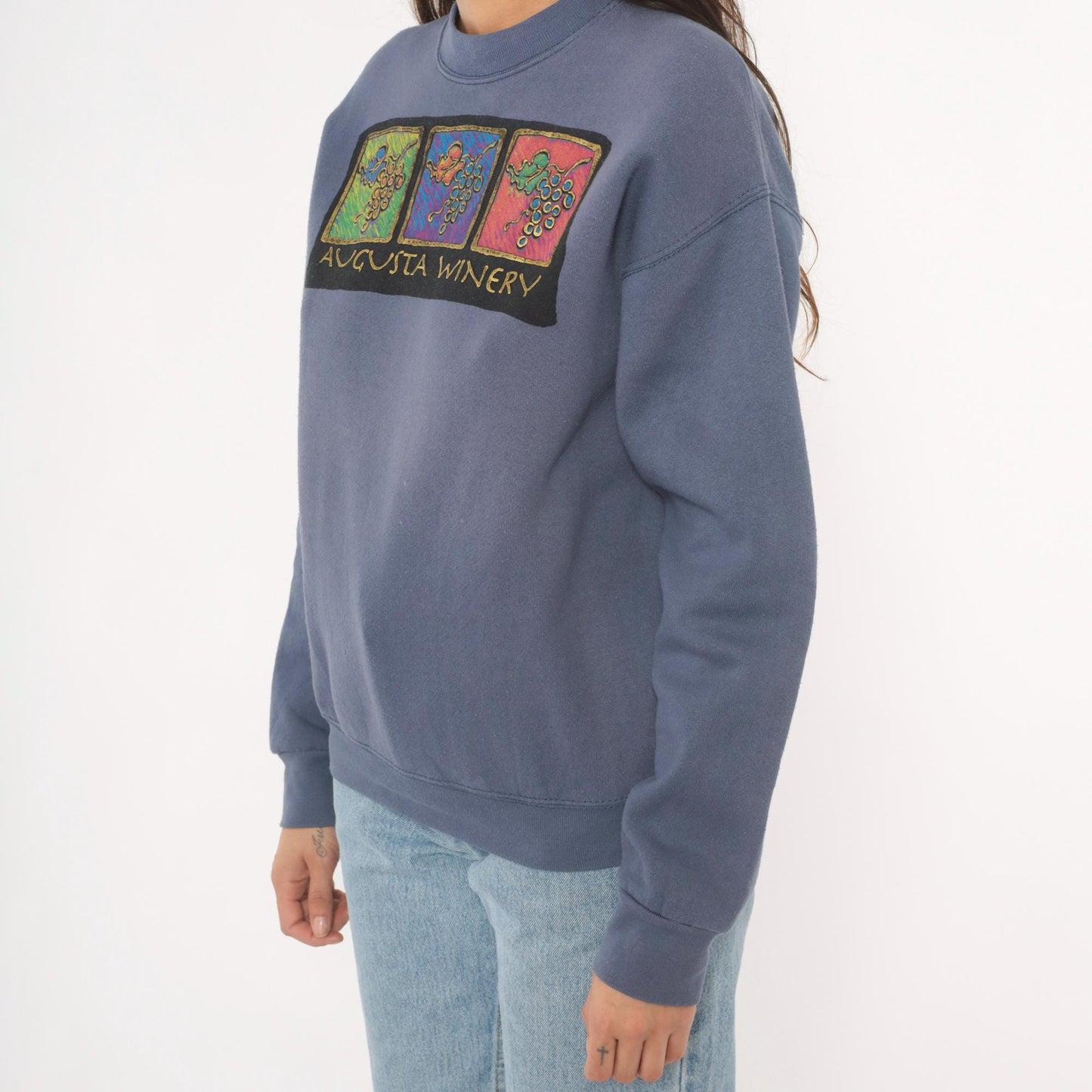 90s Fruit of the Loom Vineyard Crewneck Sweatshirt Slate Blue Graphic Small