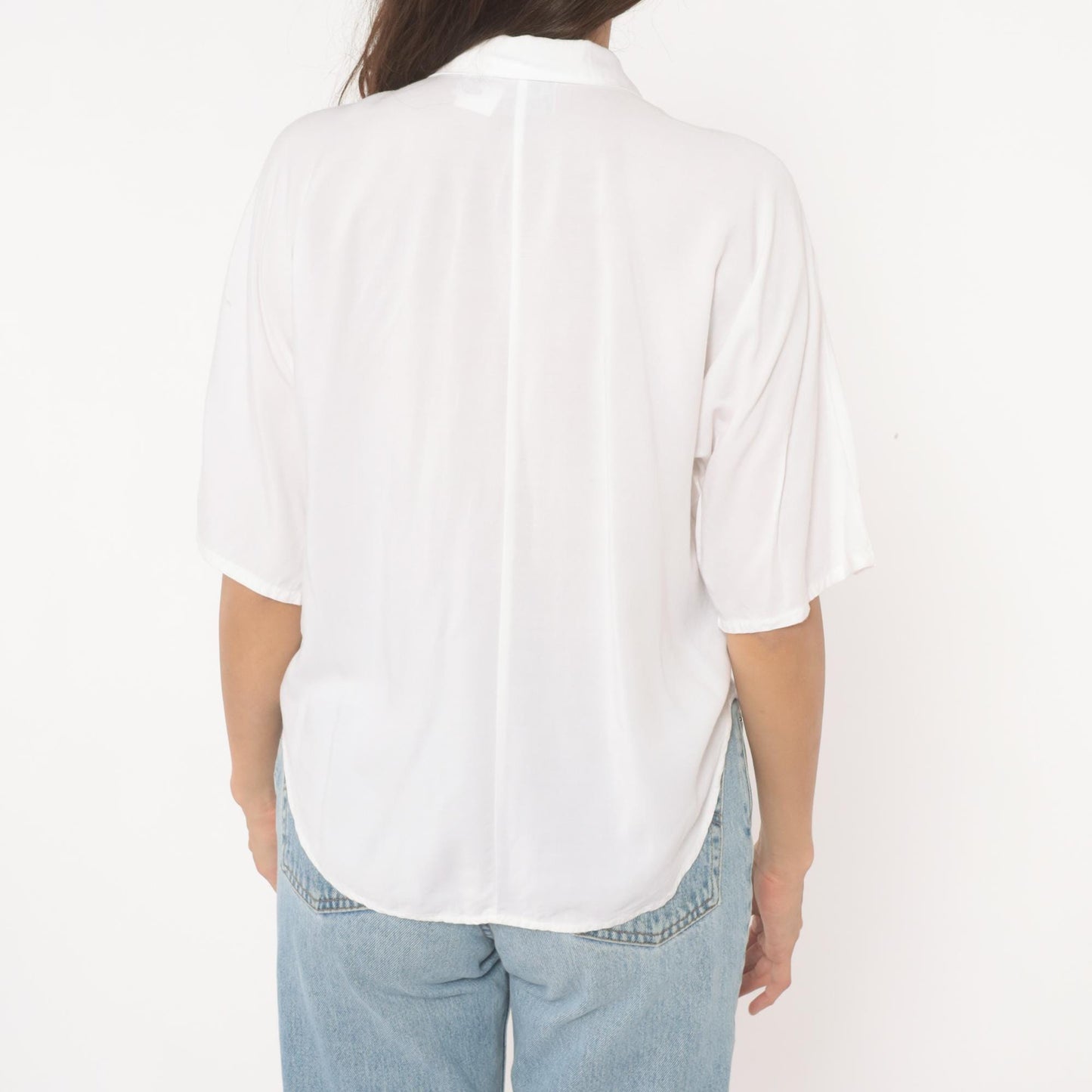 90s White Pointed Collar Blouse Hidden Placket Relaxed Fit Medium M