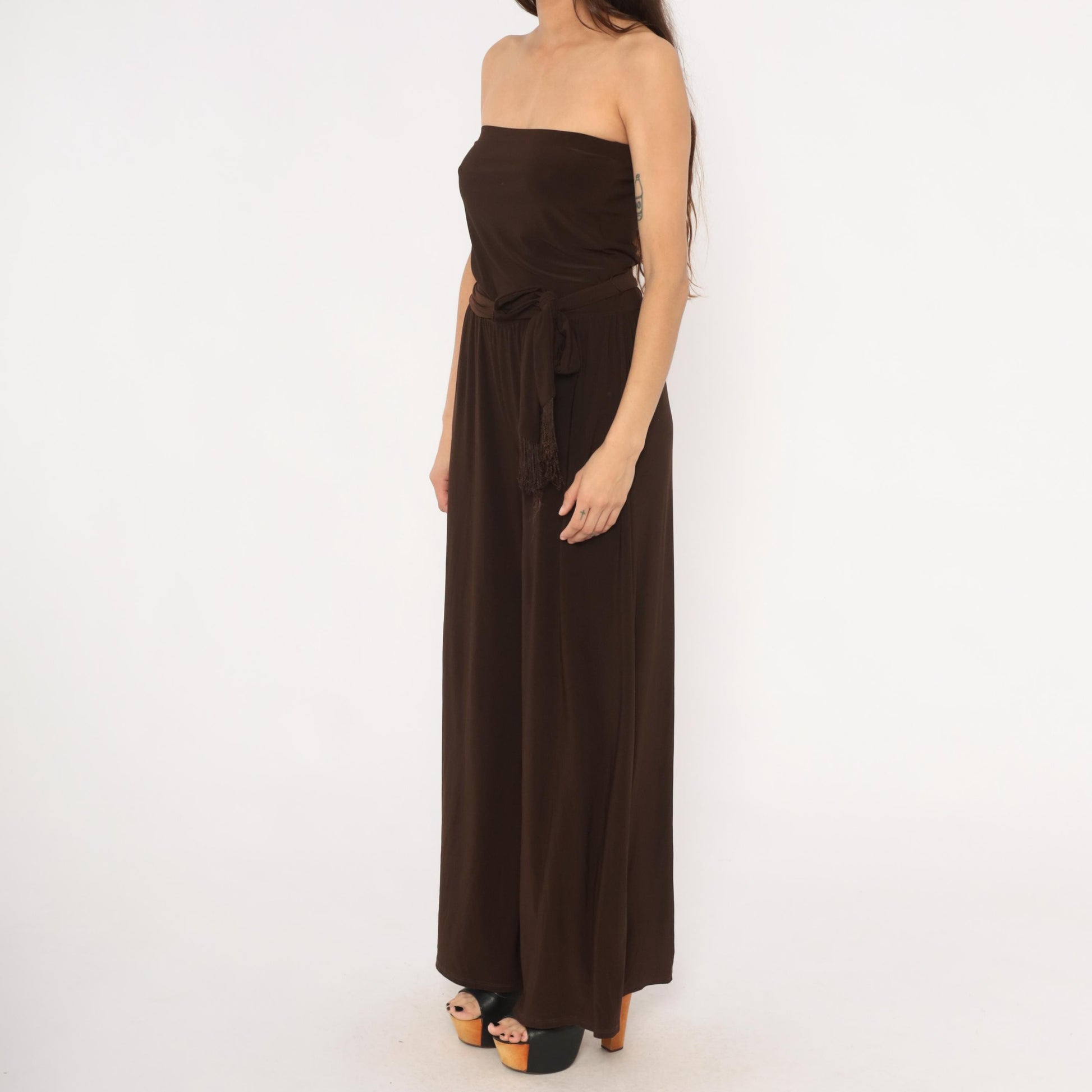 2000s MSK Chocolate Brown Strapless Jumpsuit Wide Leg Palazzo Medium M