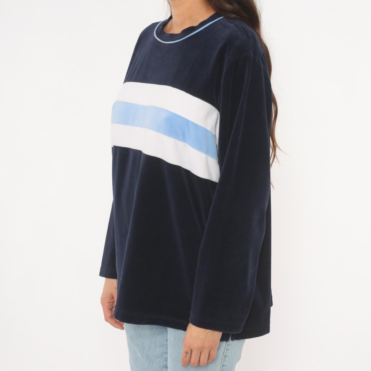 2000s St Johns Bay Navy Velour Sweatshirt Striped Chest Panel Extra Large XL