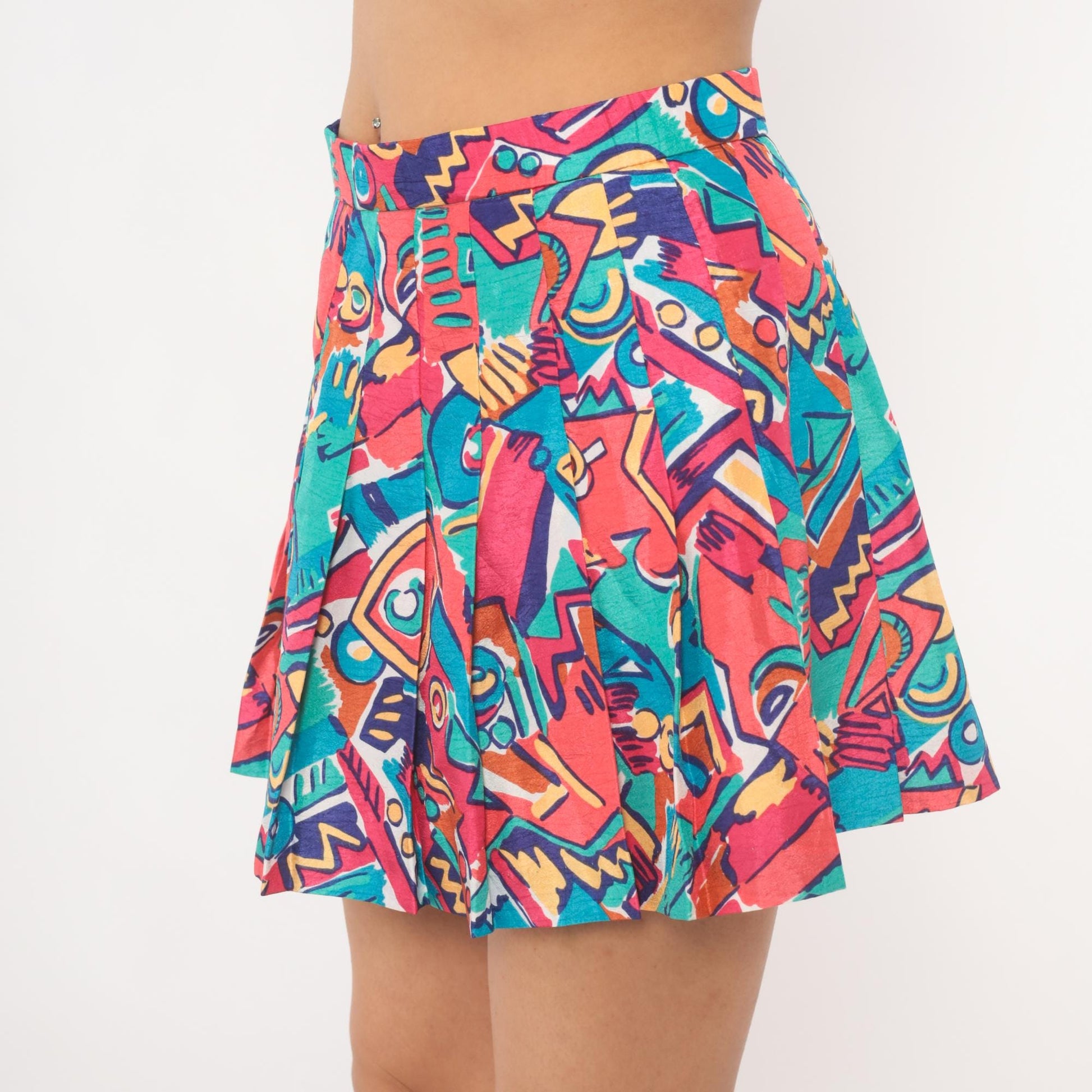 90s Lily's of Beverly Hills Pleated Mini Skirt Abstract Geometric Print Pink Teal Medium