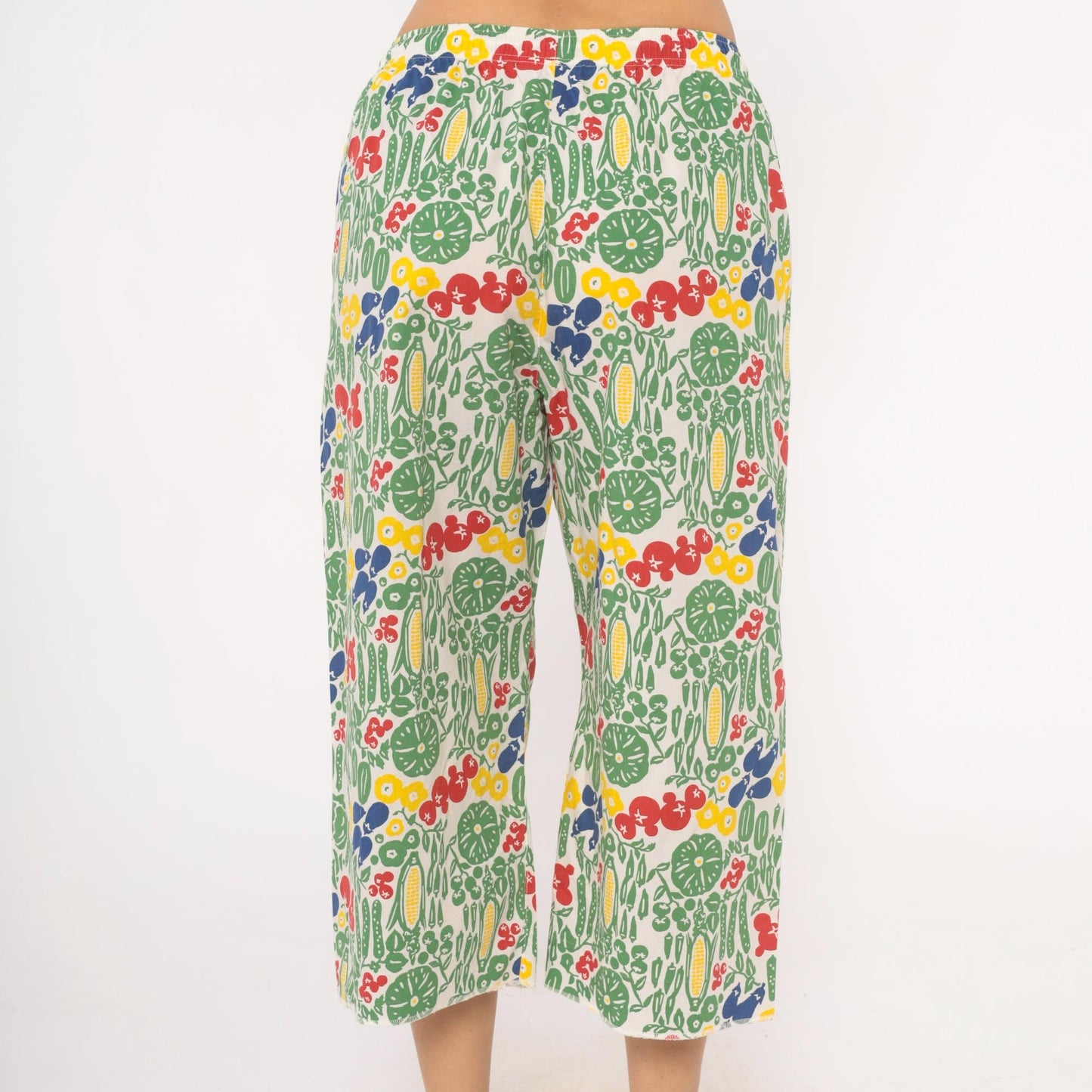 90s Vegetable Garden Print Culottes White Wide Leg Capri Cotton Medium M