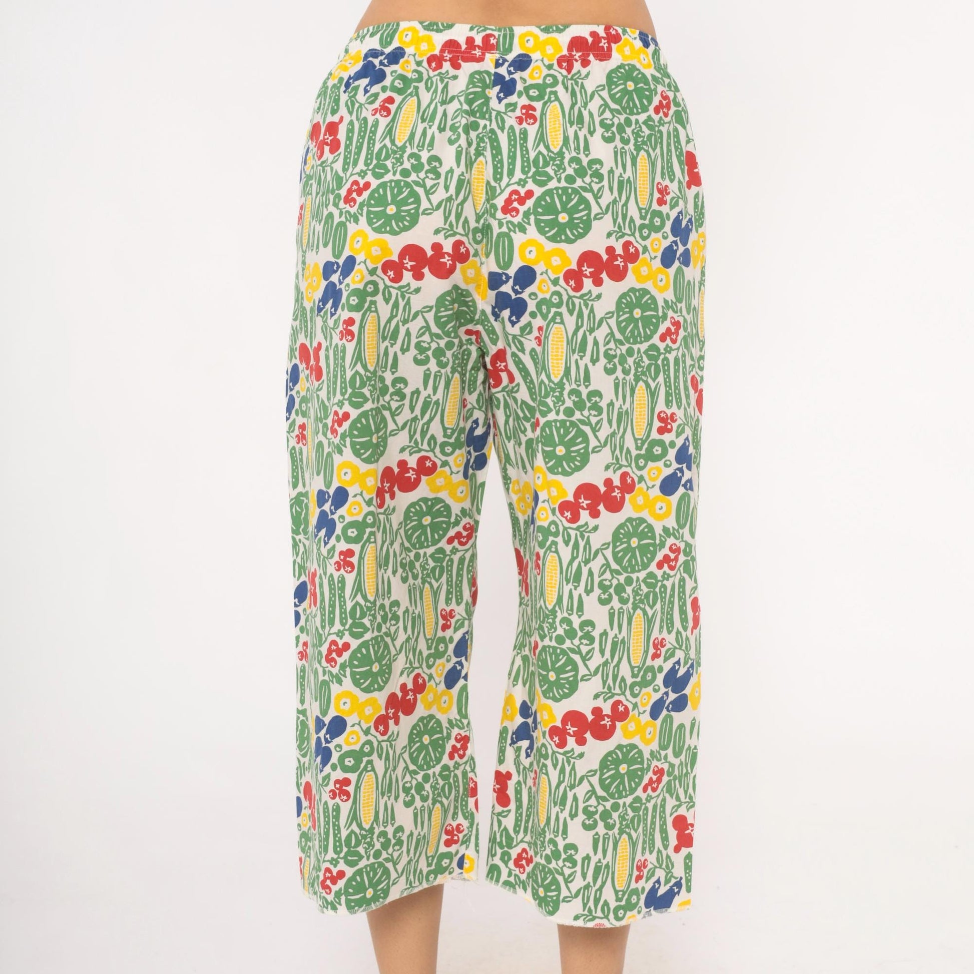 90s Vegetable Garden Print Culottes White Wide Leg Capri Cotton Medium M