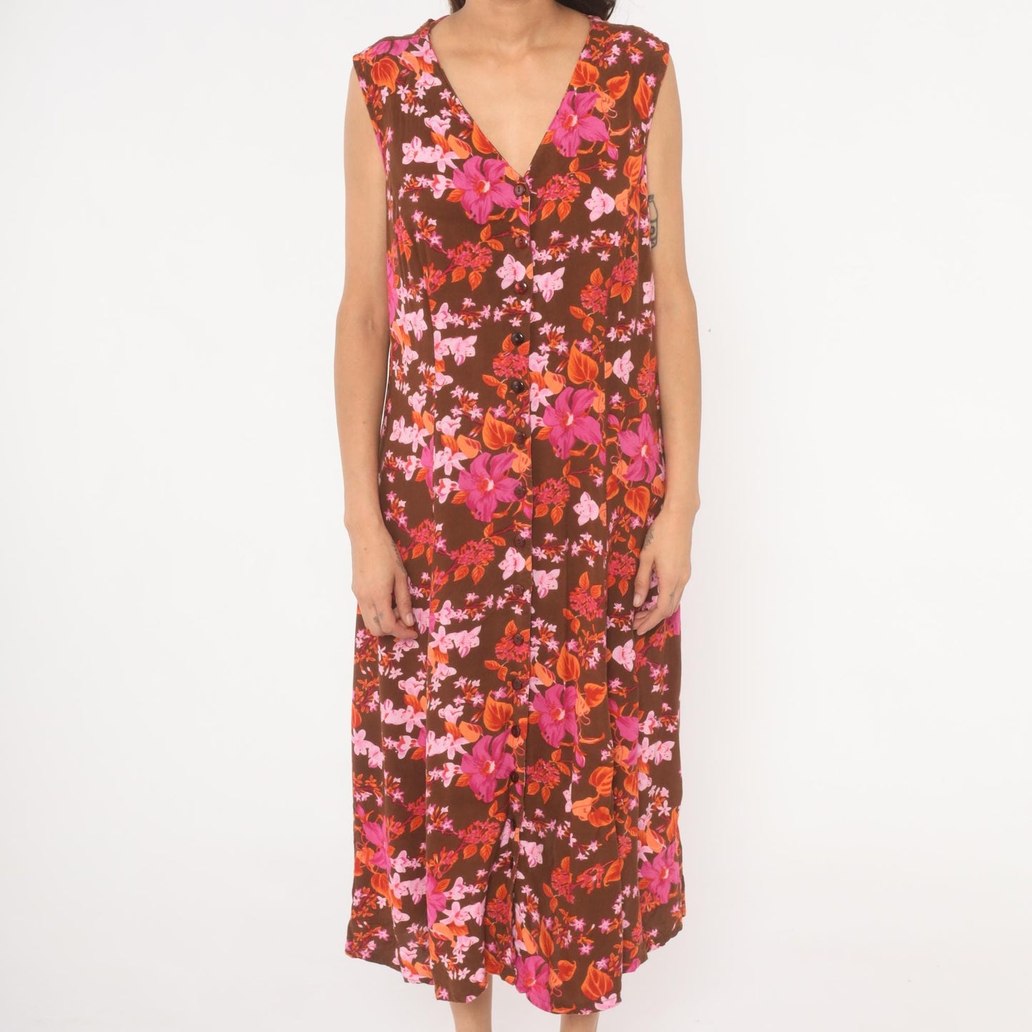 Y2K Roaman's Tropical Floral Midi Dress Brown Pink Orange Button Front Plus Size 14W