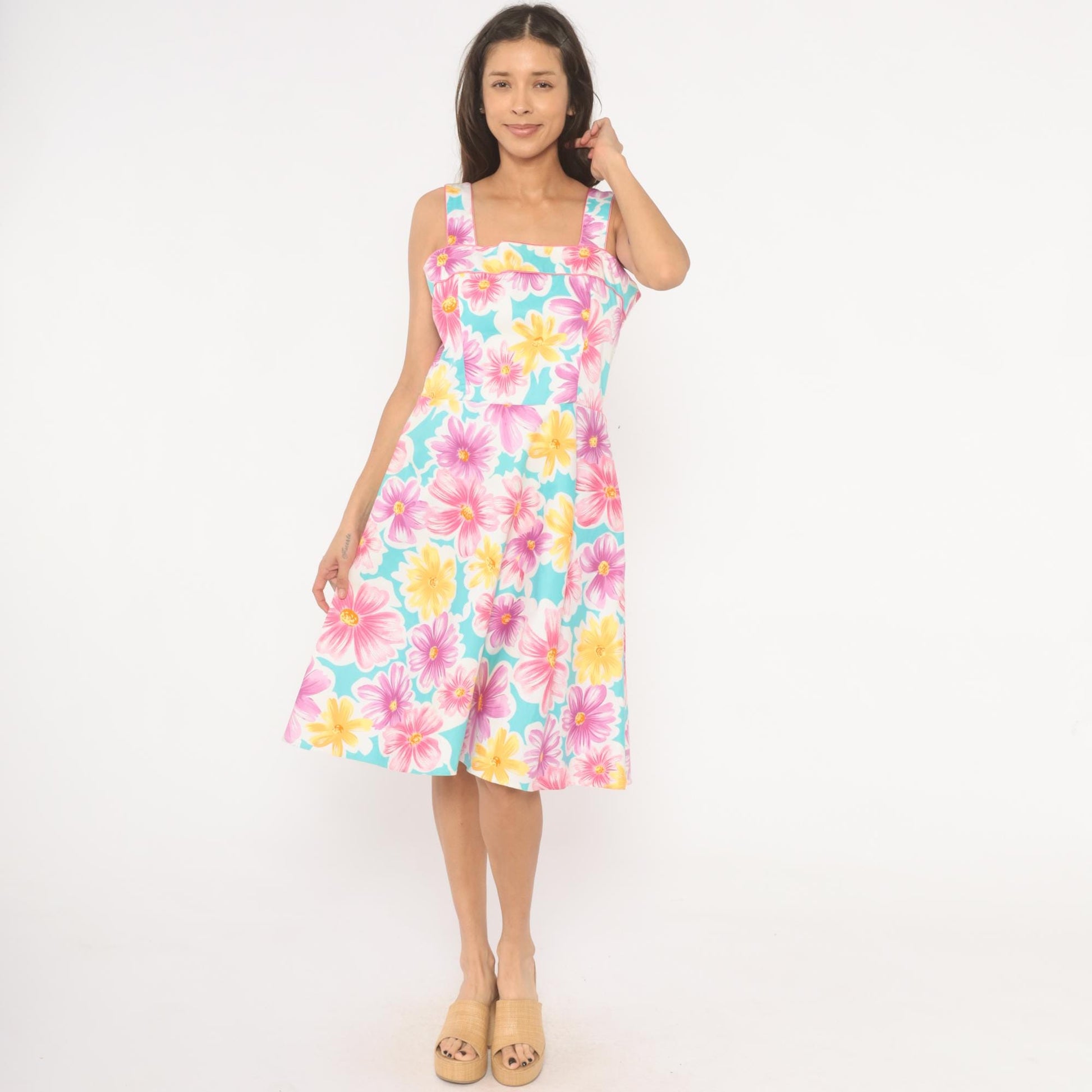 90s Scarlett Floral Sundress Square Neck Daisy Print Sky Blue Medium M