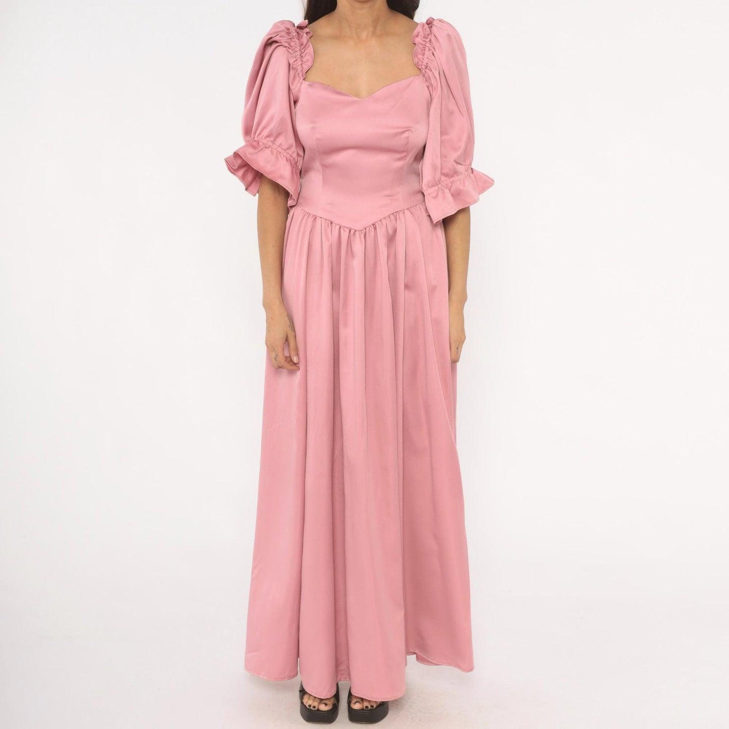 80s Rose Pink Maxi Gown Sweetheart Neckline Puff Sleeve Ruffle Trim Medium M