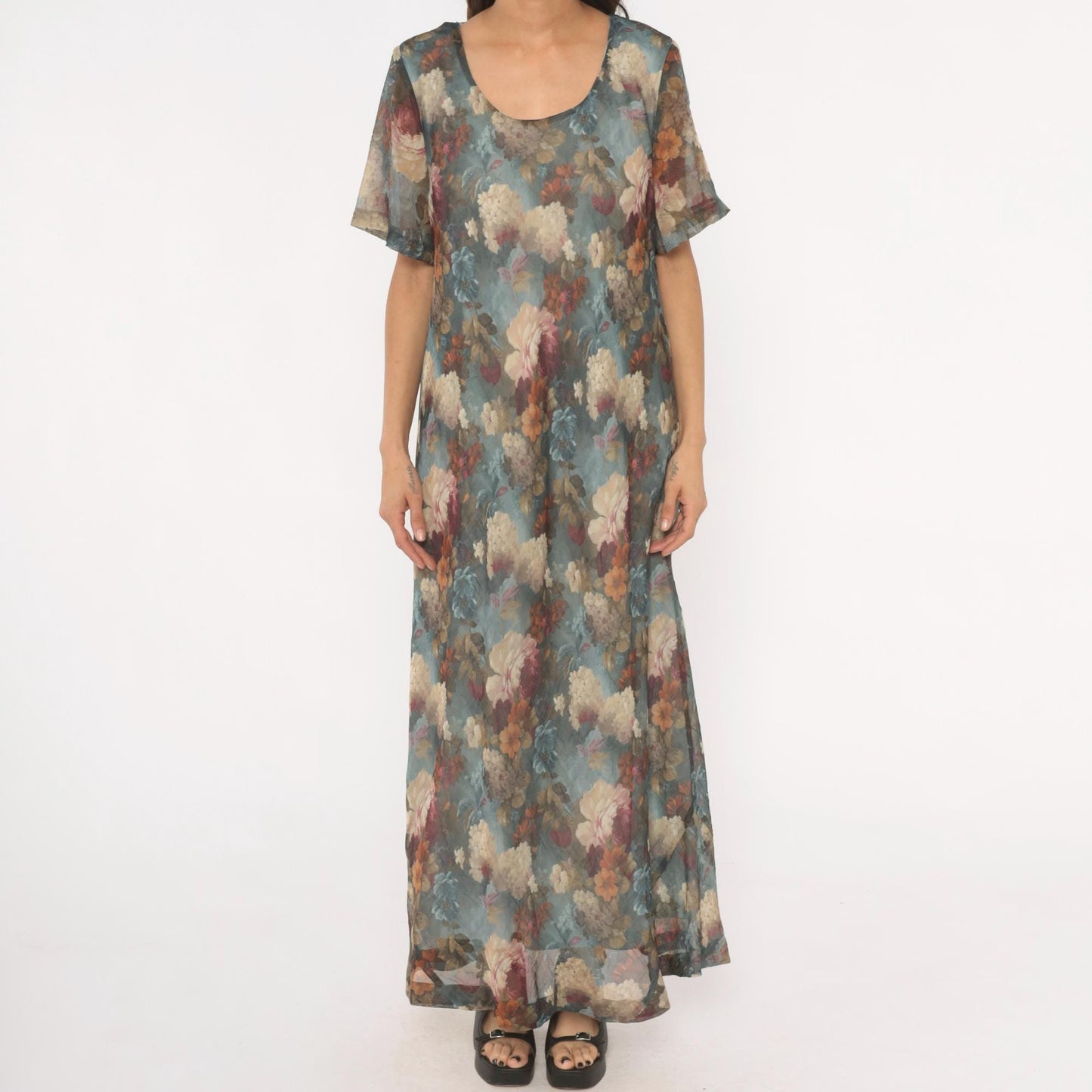 90s De Frantoria Floral Maxi Dress Slate Blue Cream Chiffon Short Sleeve Extra Large XL
