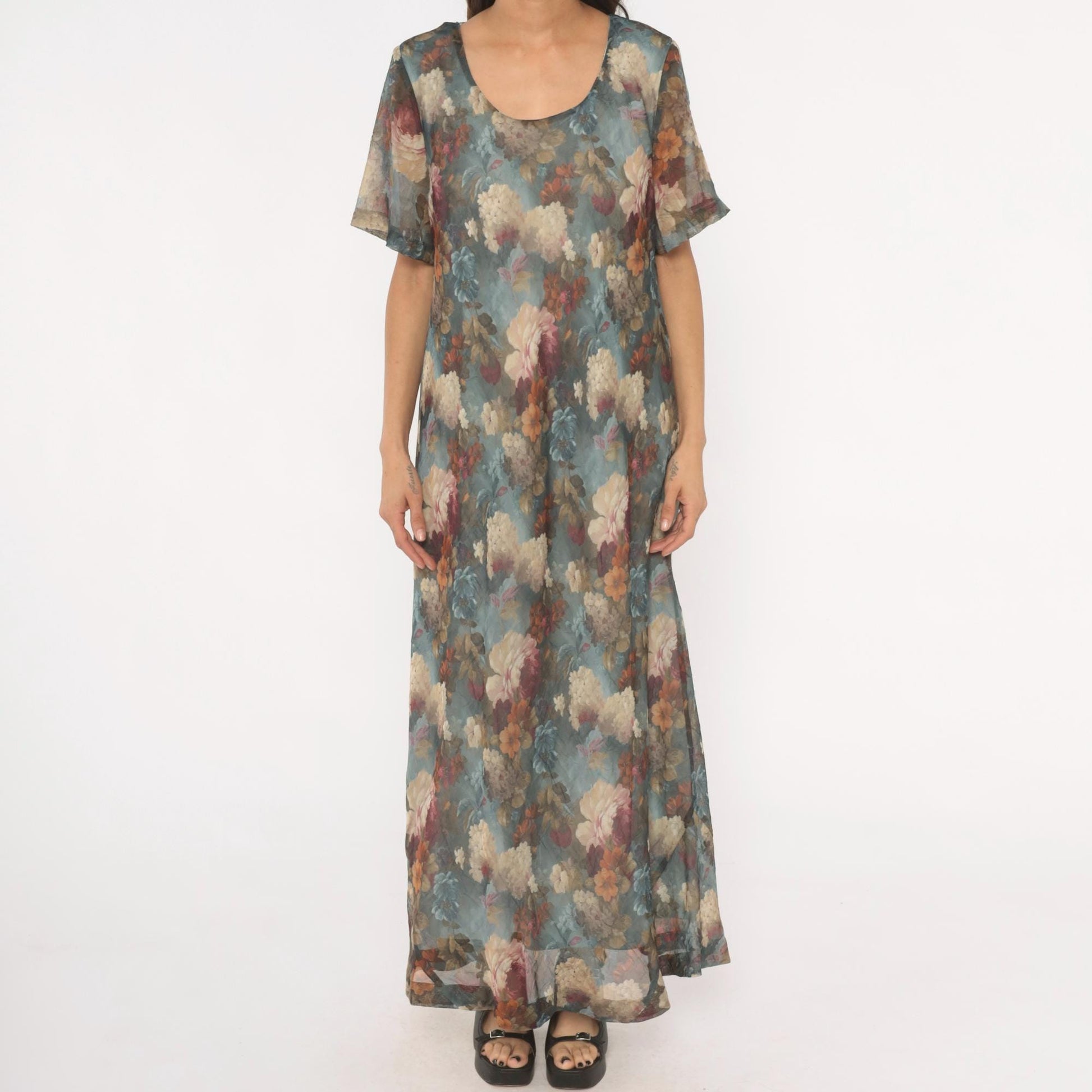 90s De Frantoria Floral Maxi Dress Slate Blue Cream Chiffon Short Sleeve Extra Large XL