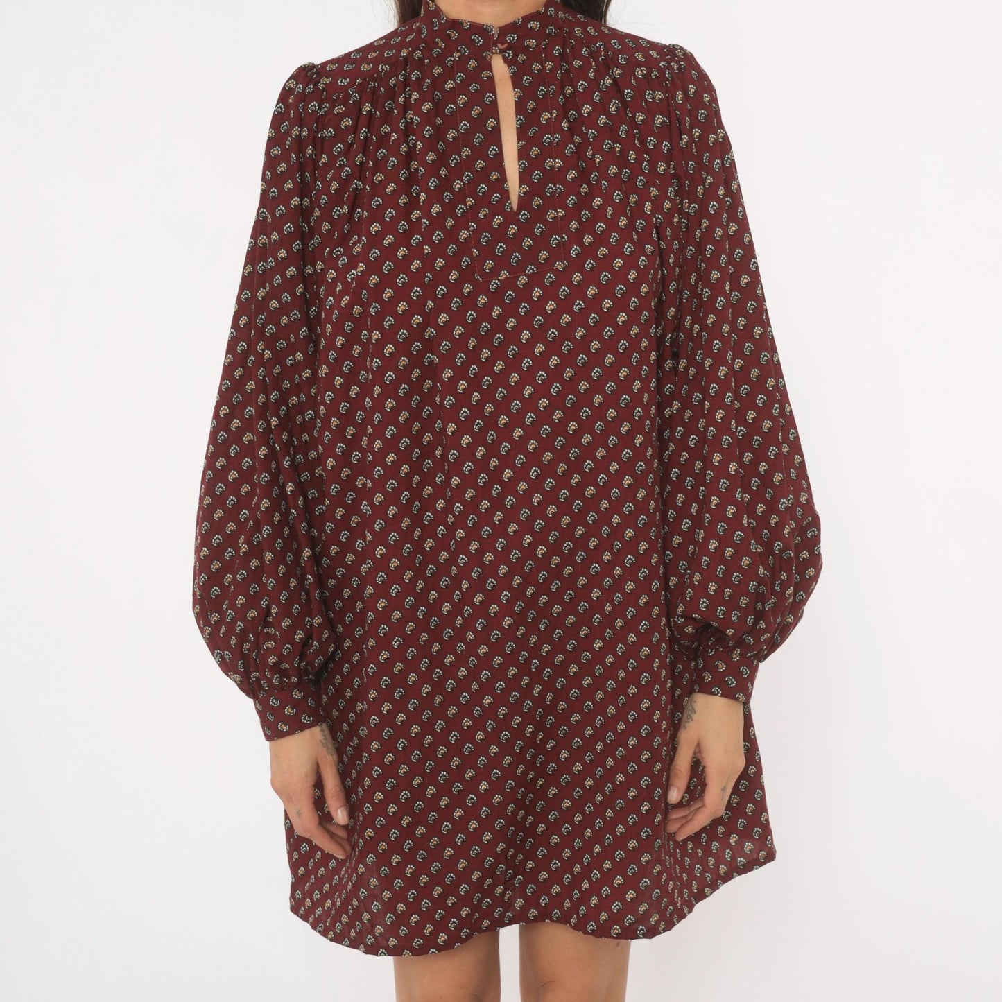 80s Hear Say Burgundy Floral Mini Dress Puff Sleeve Keyhole Band Collar Medium M