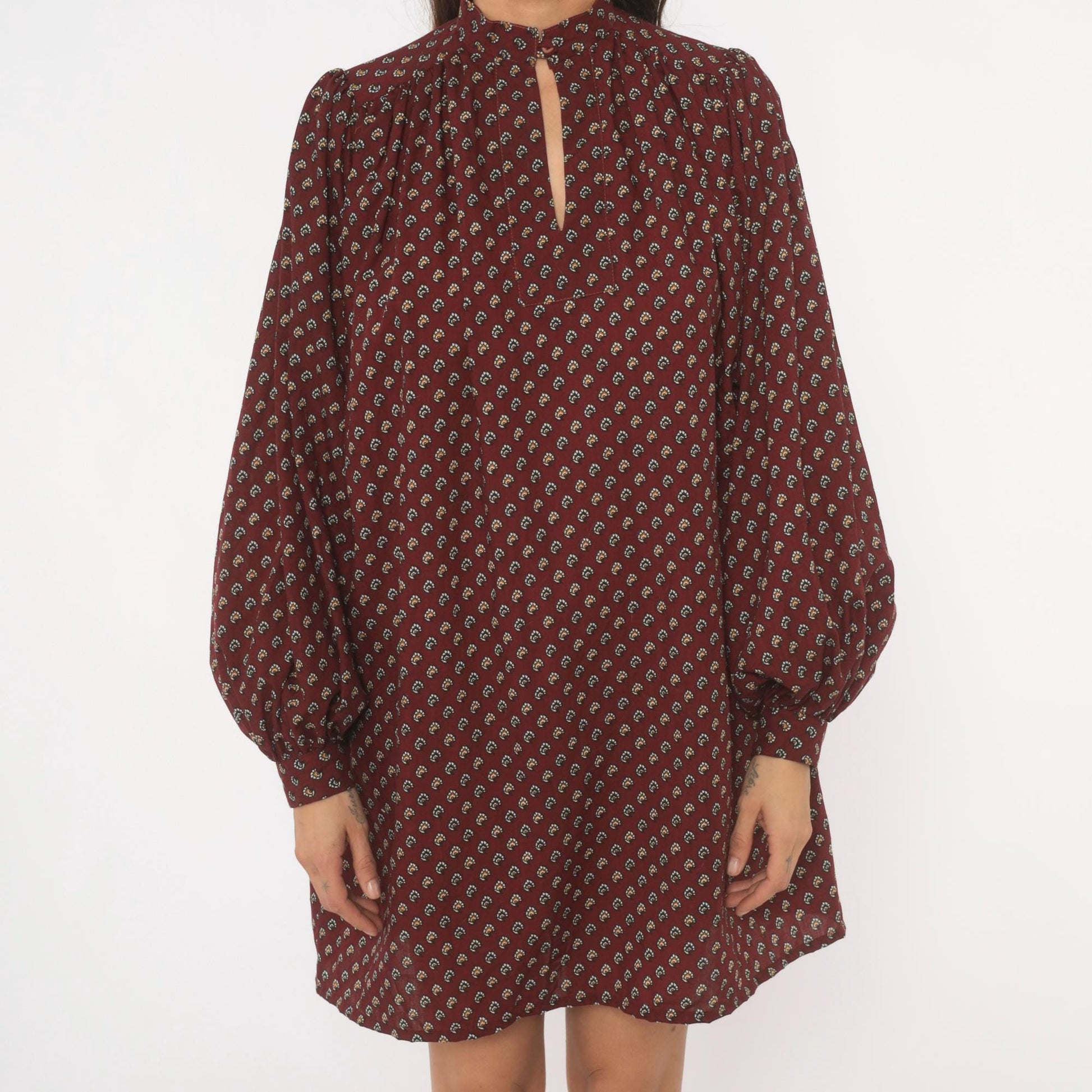80s Hear Say Burgundy Floral Mini Dress Puff Sleeve Keyhole Band Collar Medium M
