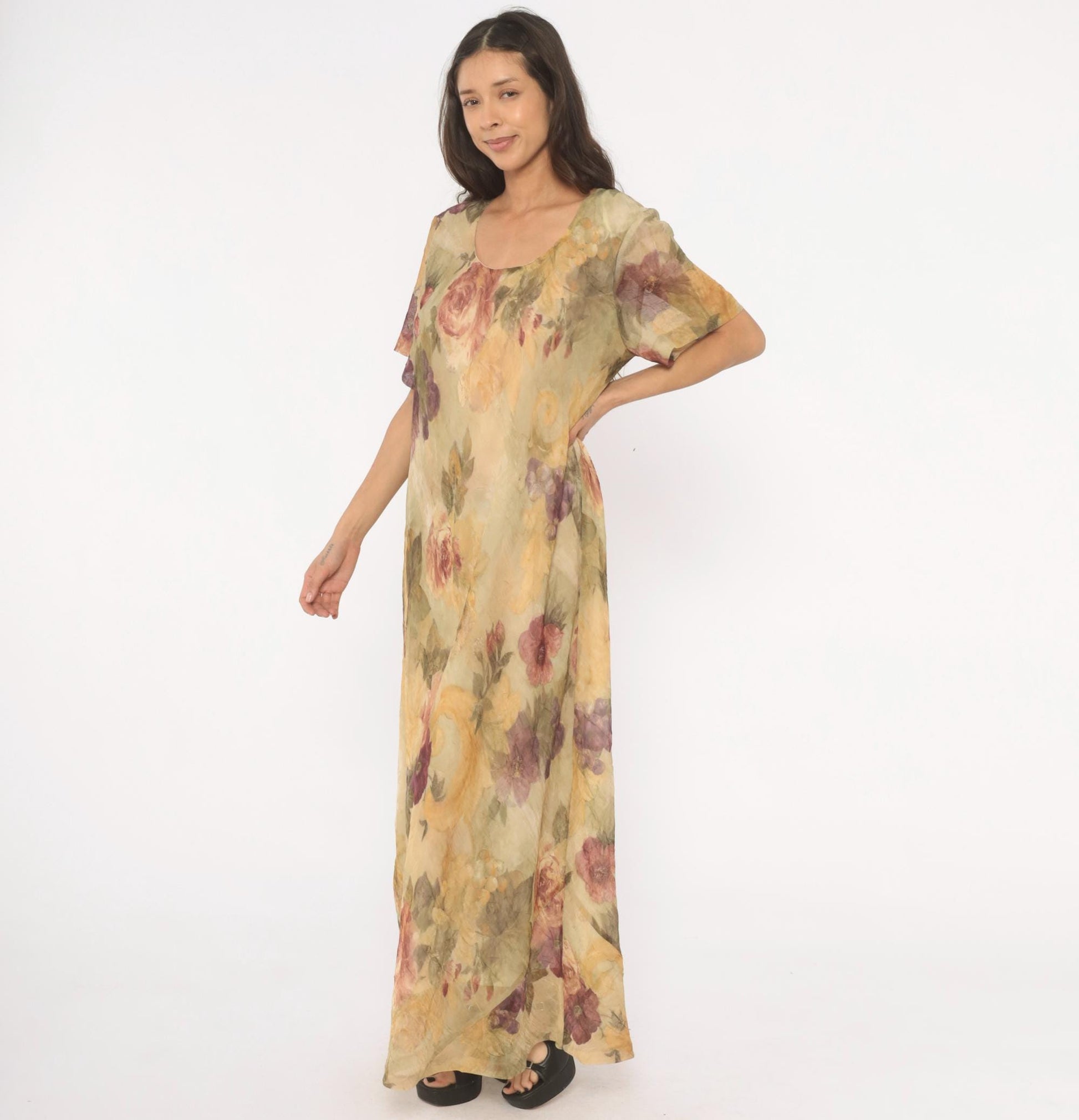 90s DE Frantoria Floral Maxi Dress Cream Rose Print Flutter Sleeve Extra Large