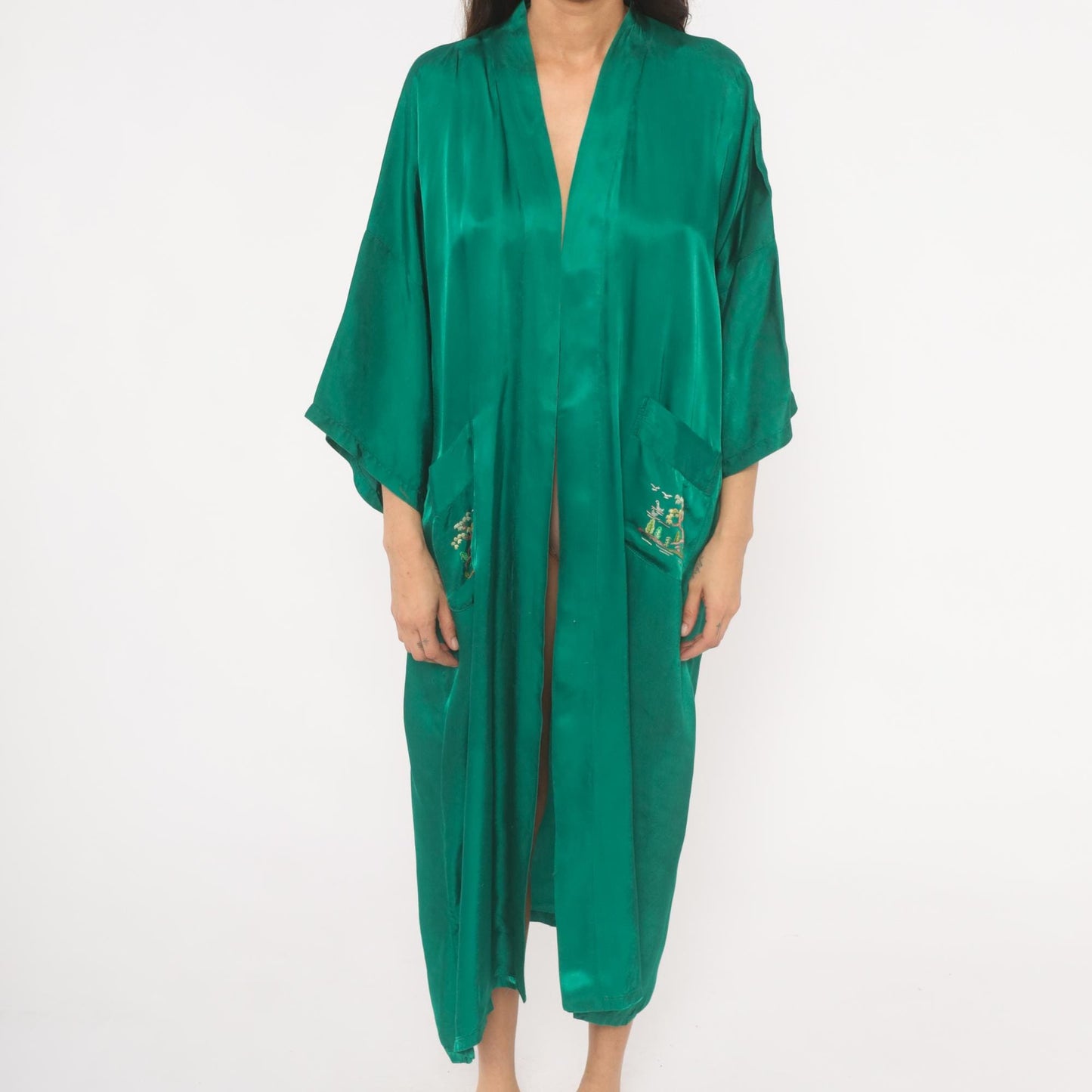 80s Health Silk Kimono Robe Emerald Embroidered Landscape Ankle Length Large L