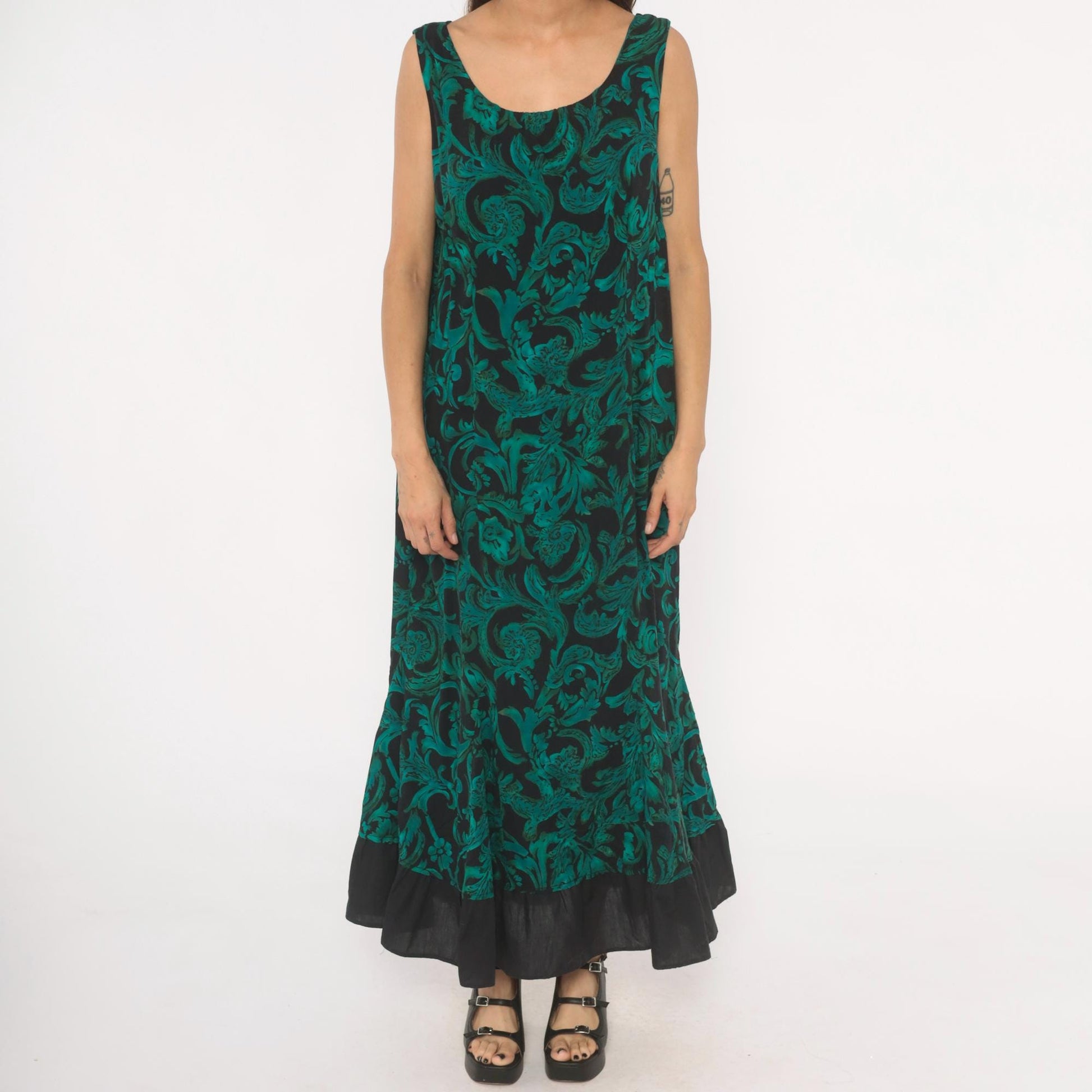 90s R & K Originals Teal Baroque Maxi Dress Emerald Floral Mermaid Large L