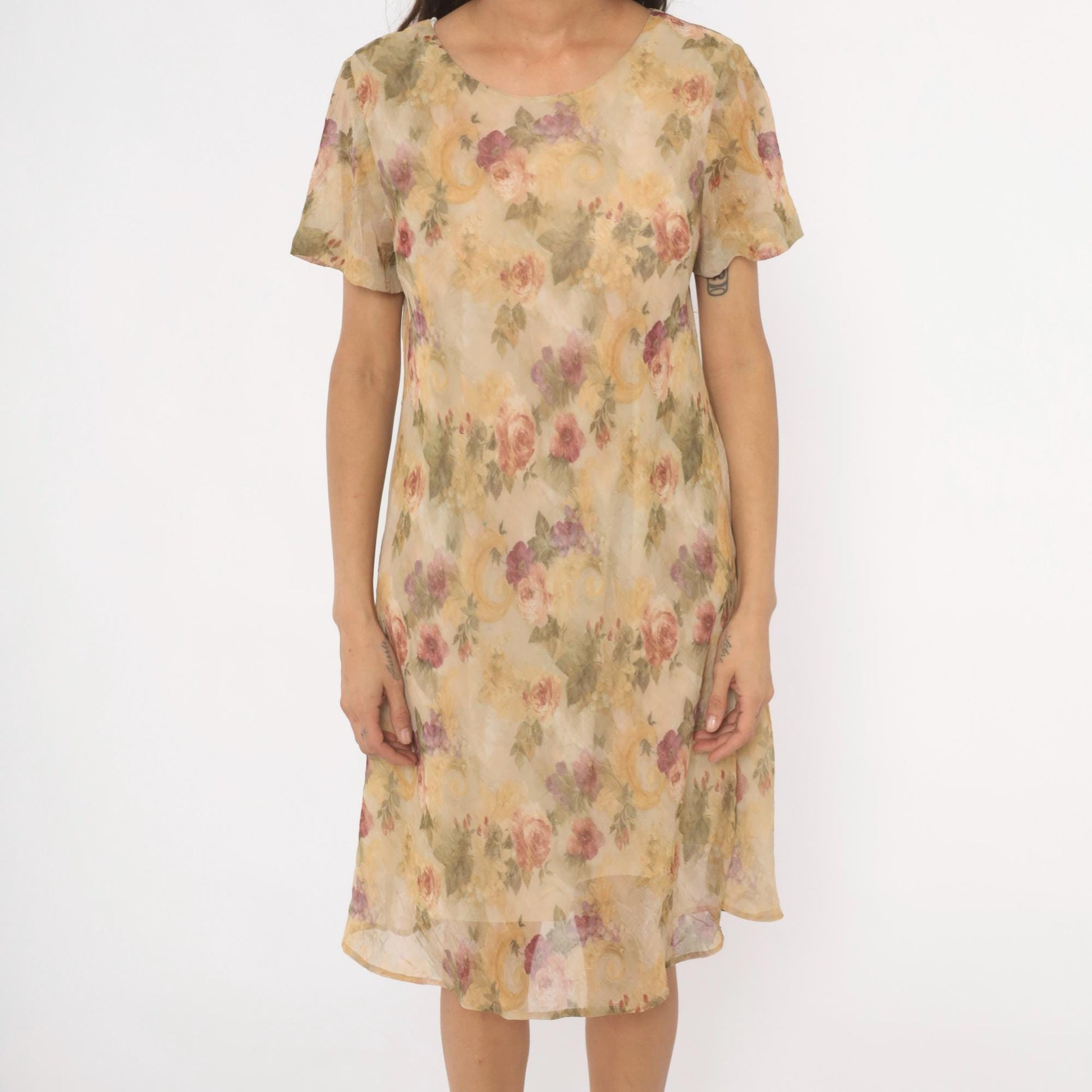90s DJ Summers Floral Chiffon Dress Tan Rose Print Knee Length Medium M