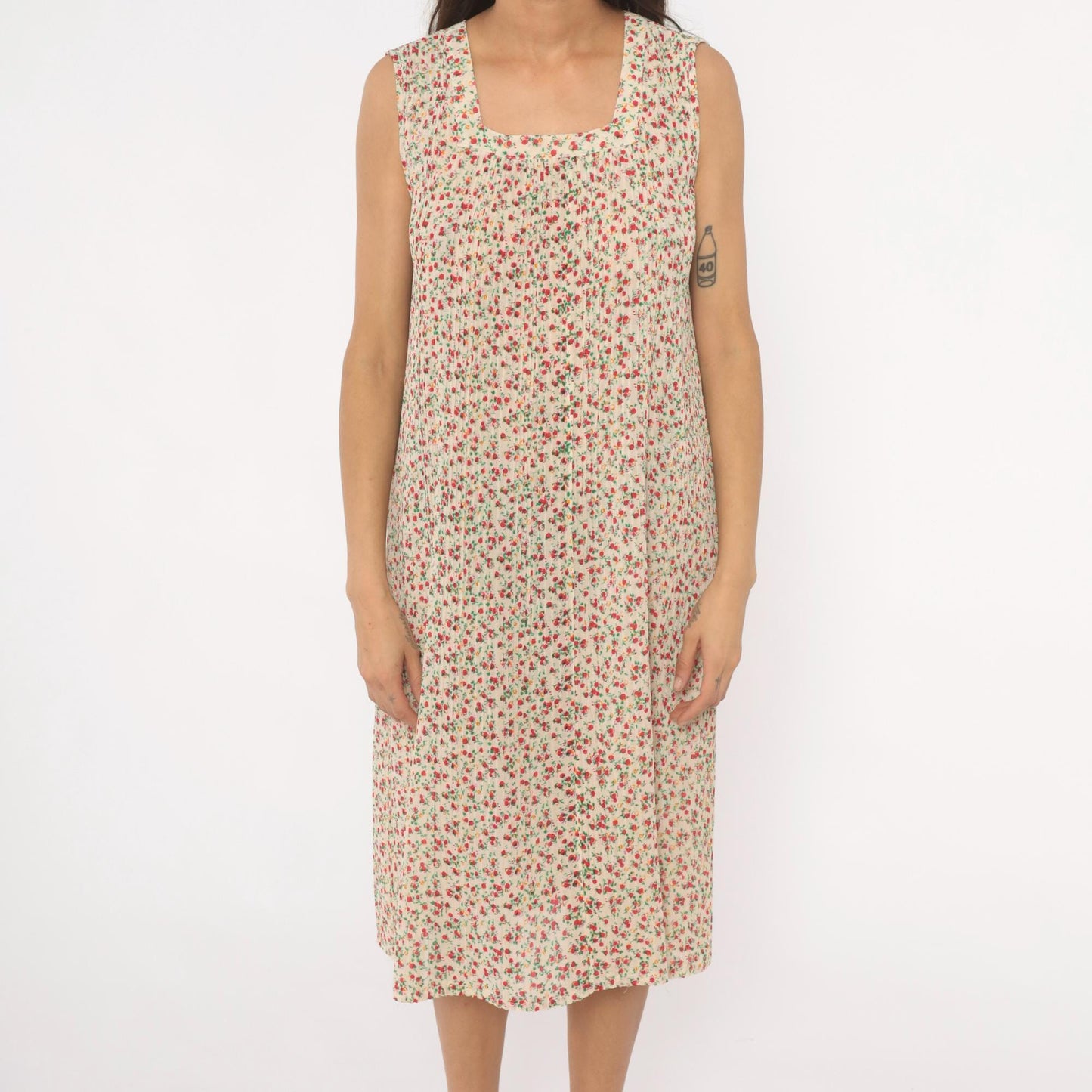 70s Ditsy Floral Shift Dress Cream Red Sleeveless Knee-Length Medium