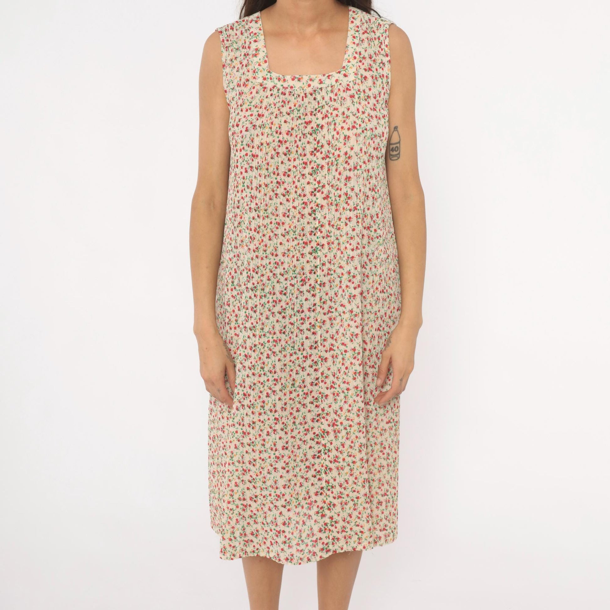 70s Ditsy Floral Shift Dress Cream Red Sleeveless Knee-Length Medium