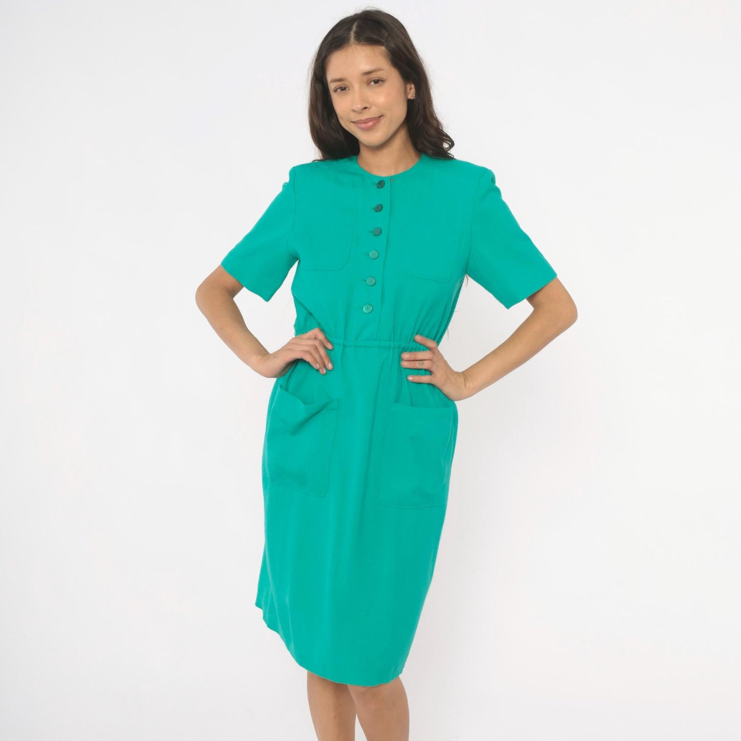 80s Teal Shirtdress Knee-Length Button Front Elastic Waist Small