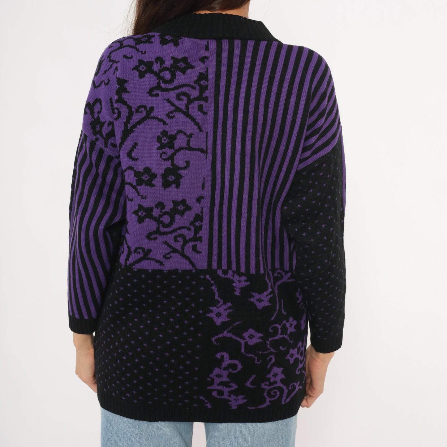 90s Sweater Exchange Purple Mock Neck Knit Patchwork Jacquard Large