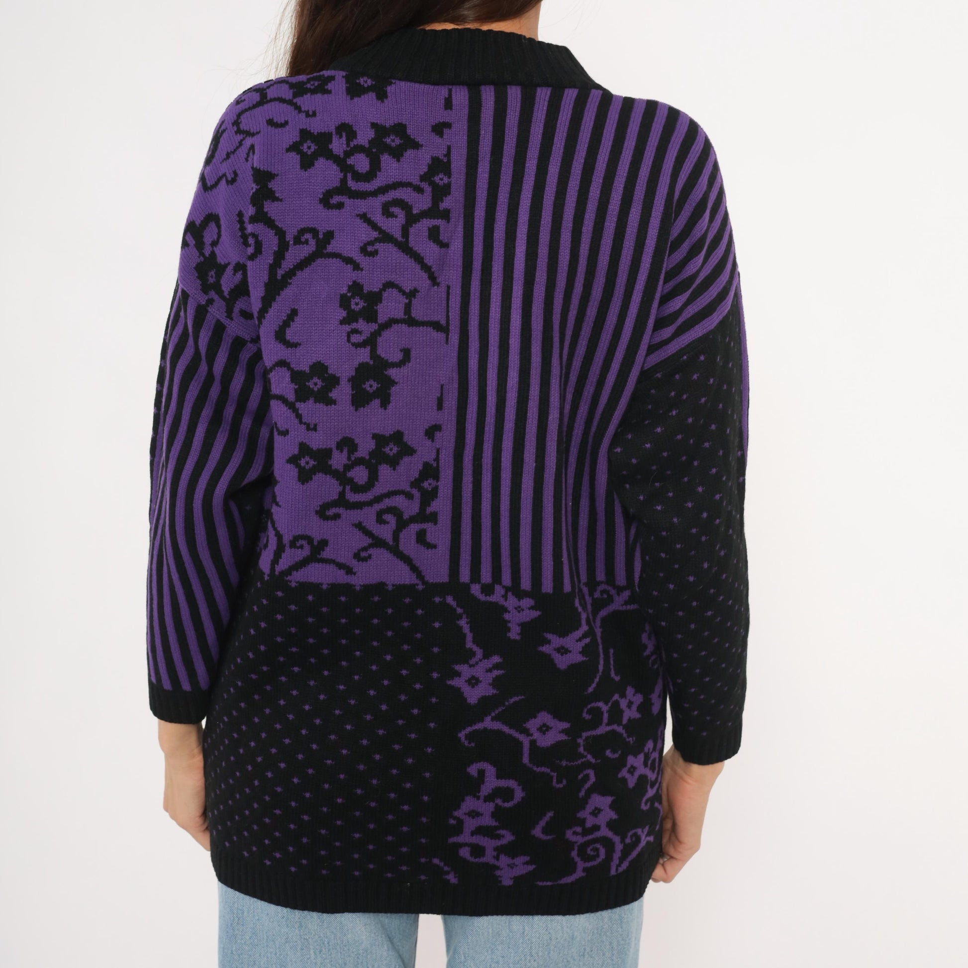 90s Sweater Exchange Purple Mock Neck Knit Patchwork Jacquard Large