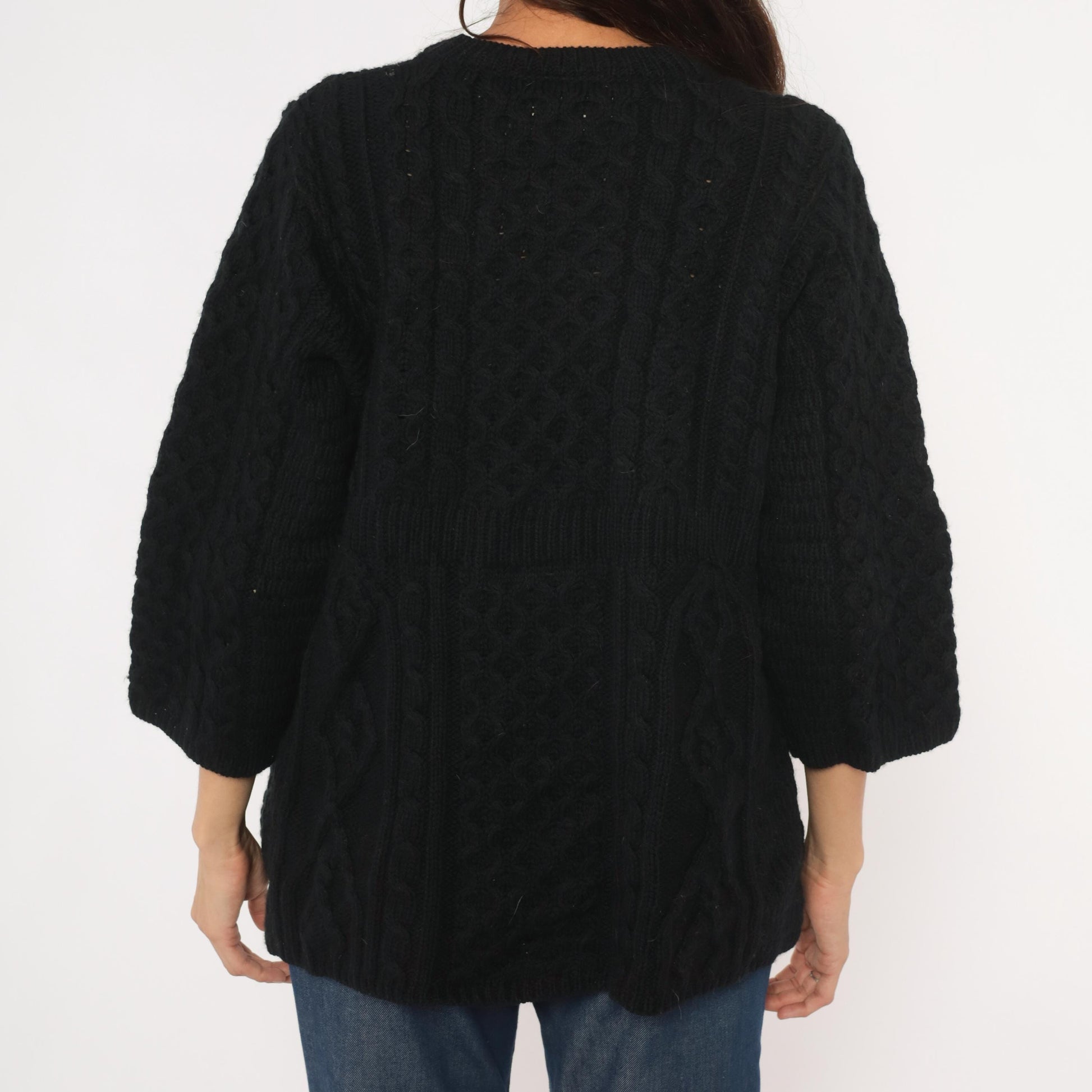 90s Kilronan Knitwear Black Cable Knit Cardigan Wool Crew Neck Medium M