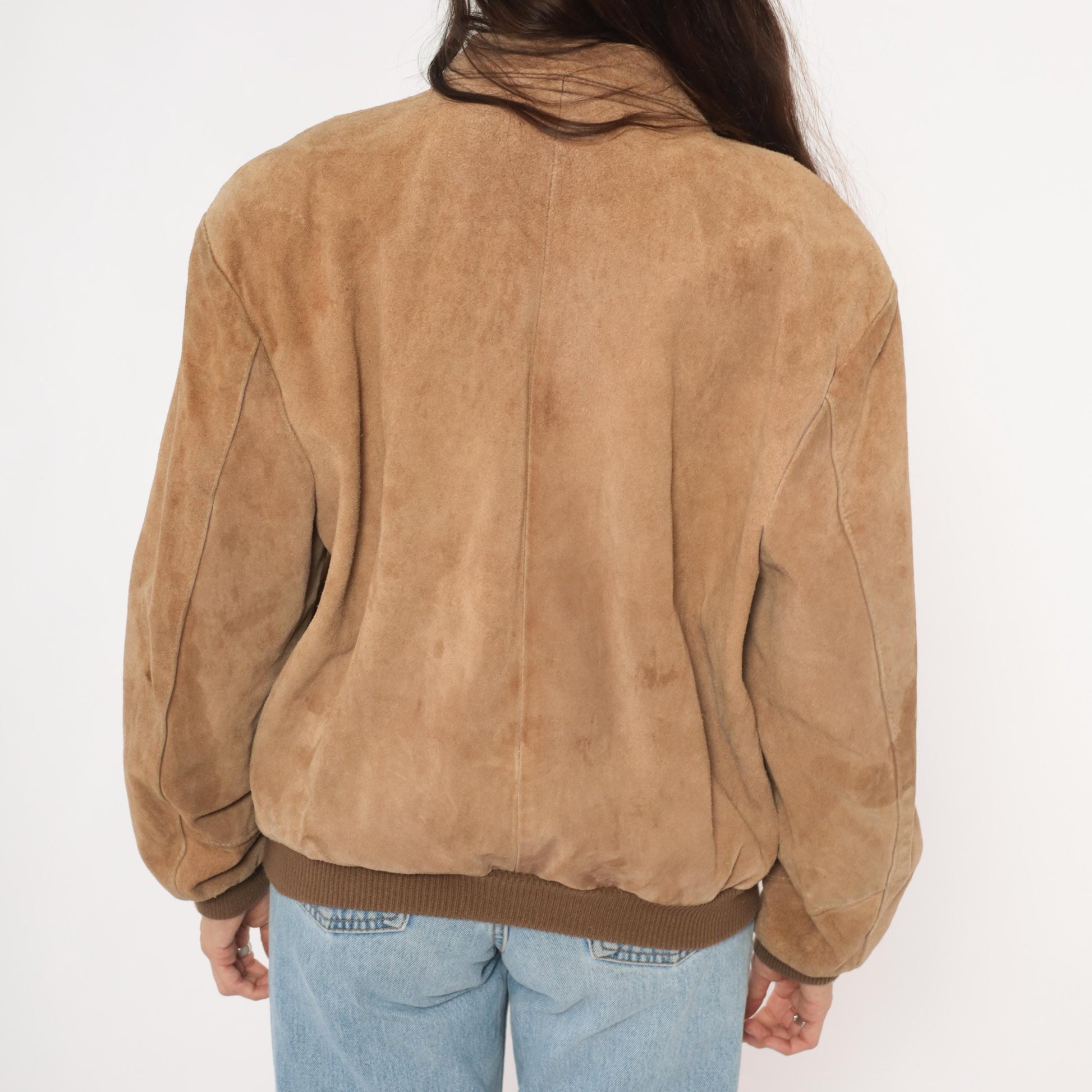 80s Tan Suede Bomber Jacket Zip Front Pointed Collar Ribbed Cuff Medium