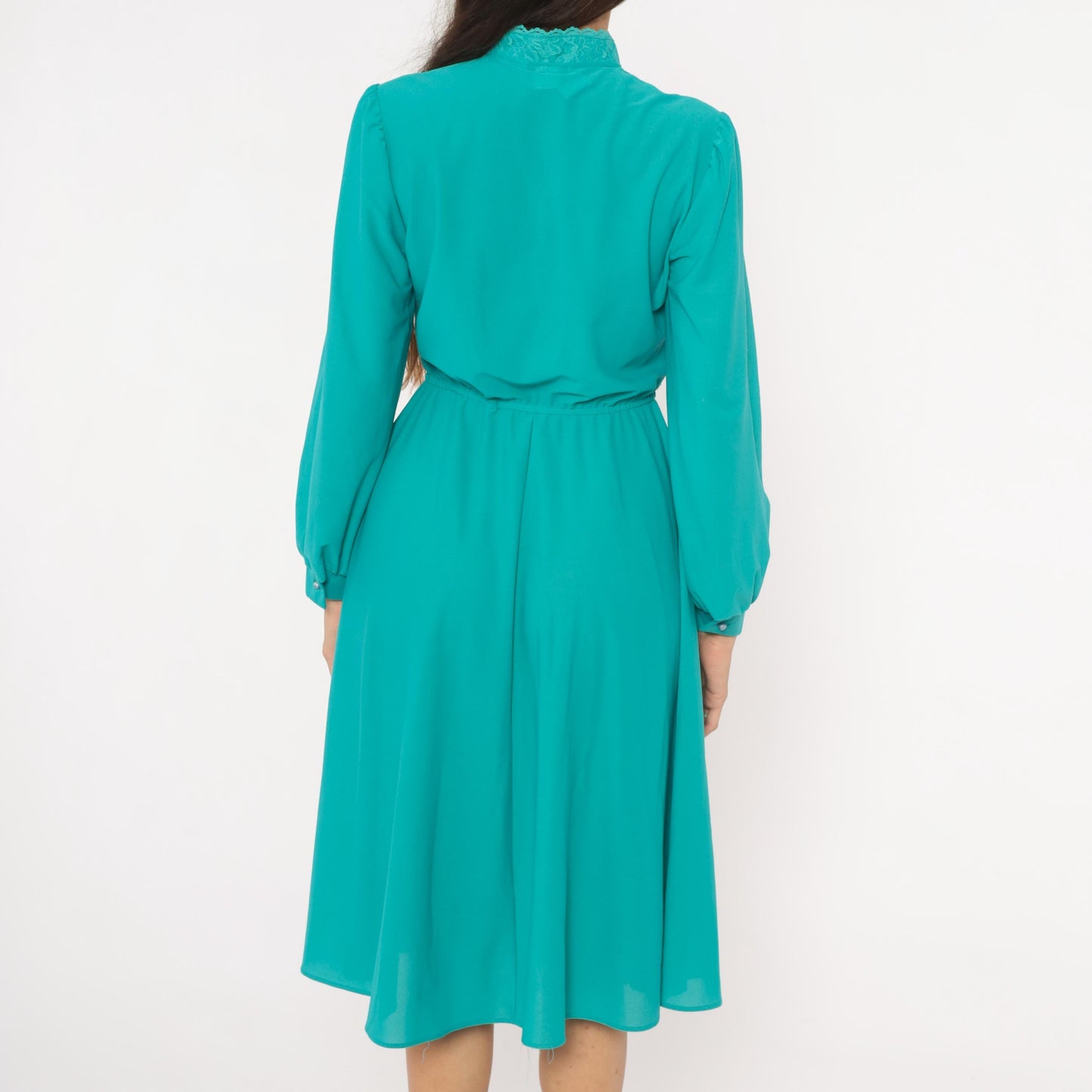 1970s Jane Baar Teal Knee-Length Dress Lace Collar Pintuck Bodice Small S