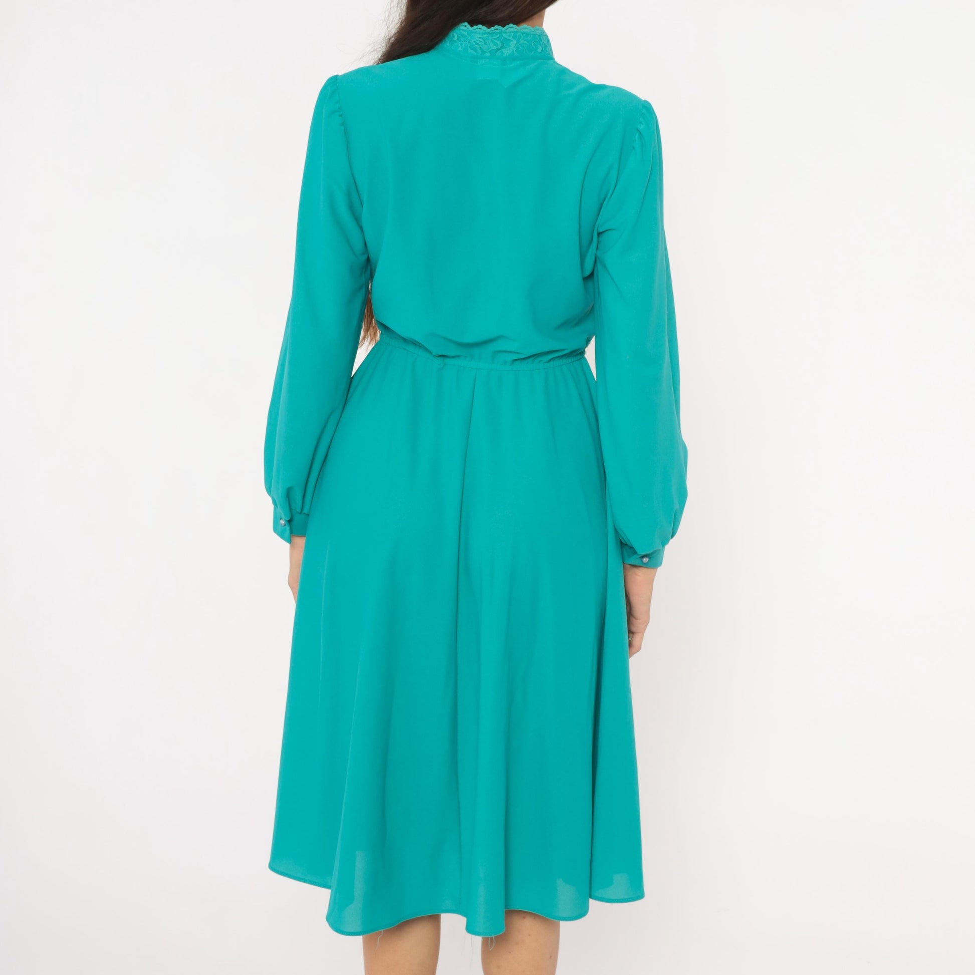 1970s Jane Baar Teal Knee-Length Dress Lace Collar Pintuck Bodice Small S