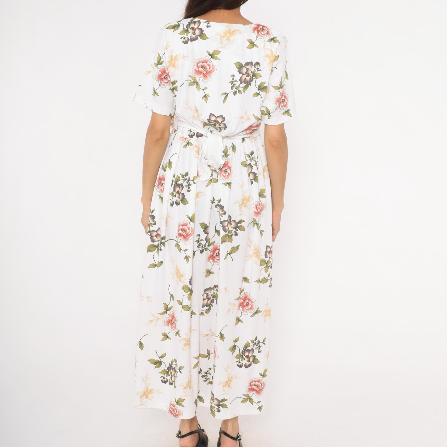 90s Bizzit Floral Maxi Dress White Pink Roses Short Sleeve Empire Waist Medium