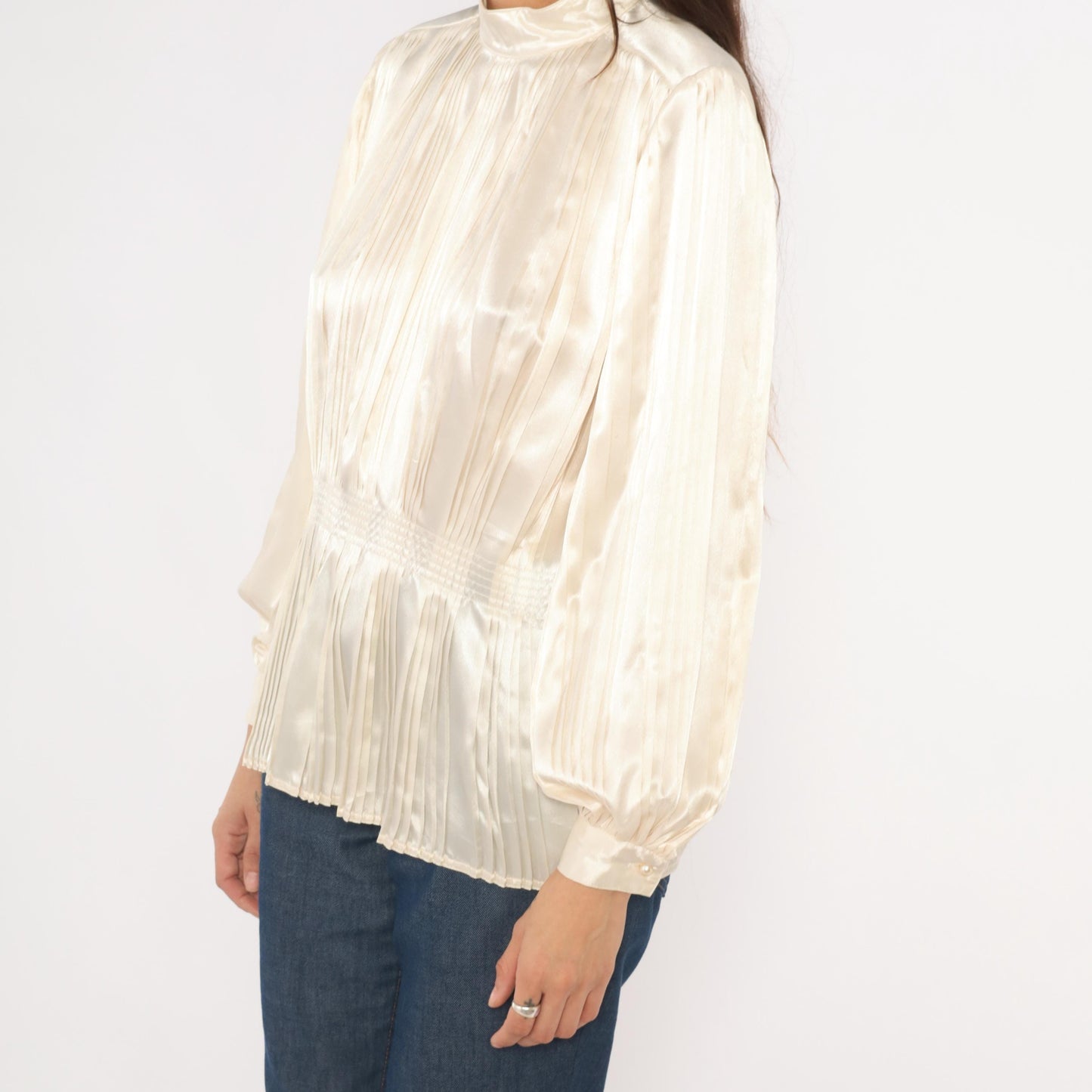 80s Nilani Ivory Satin Blouse Peplum High Neck Bishop Sleeve Small