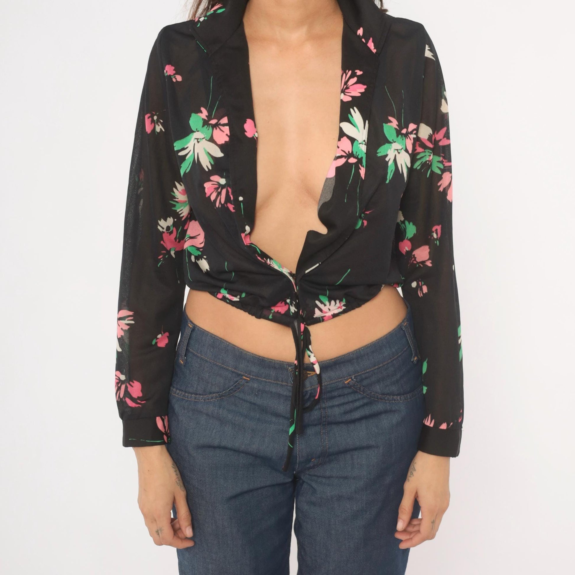70s Black Floral Tie-Front Blouse Deep V-Neck Long Sleeve Medium M