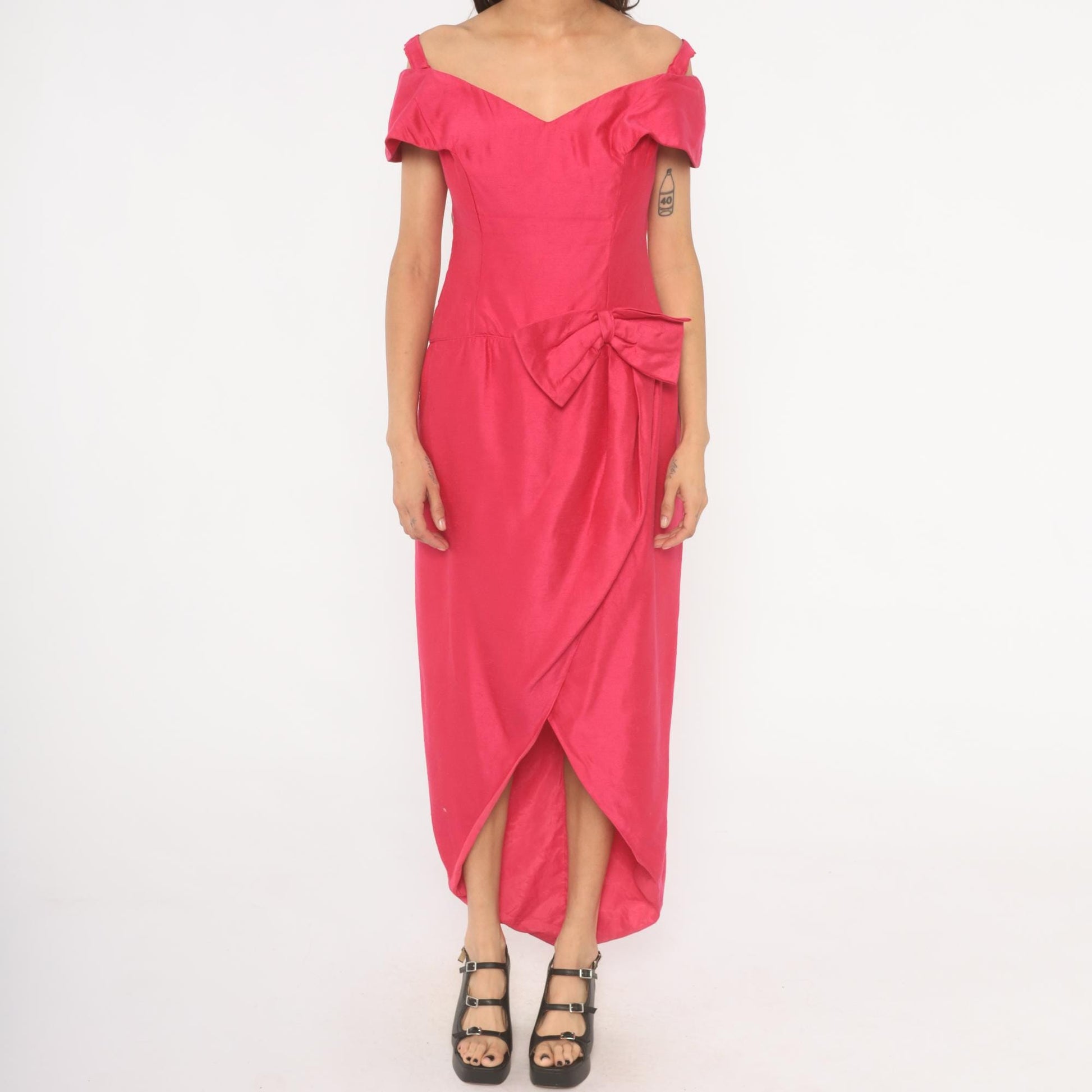 80s Hot Pink Off-Shoulder Maxi Gown Sweetheart Neckline Bow Tulip Skirt Large L