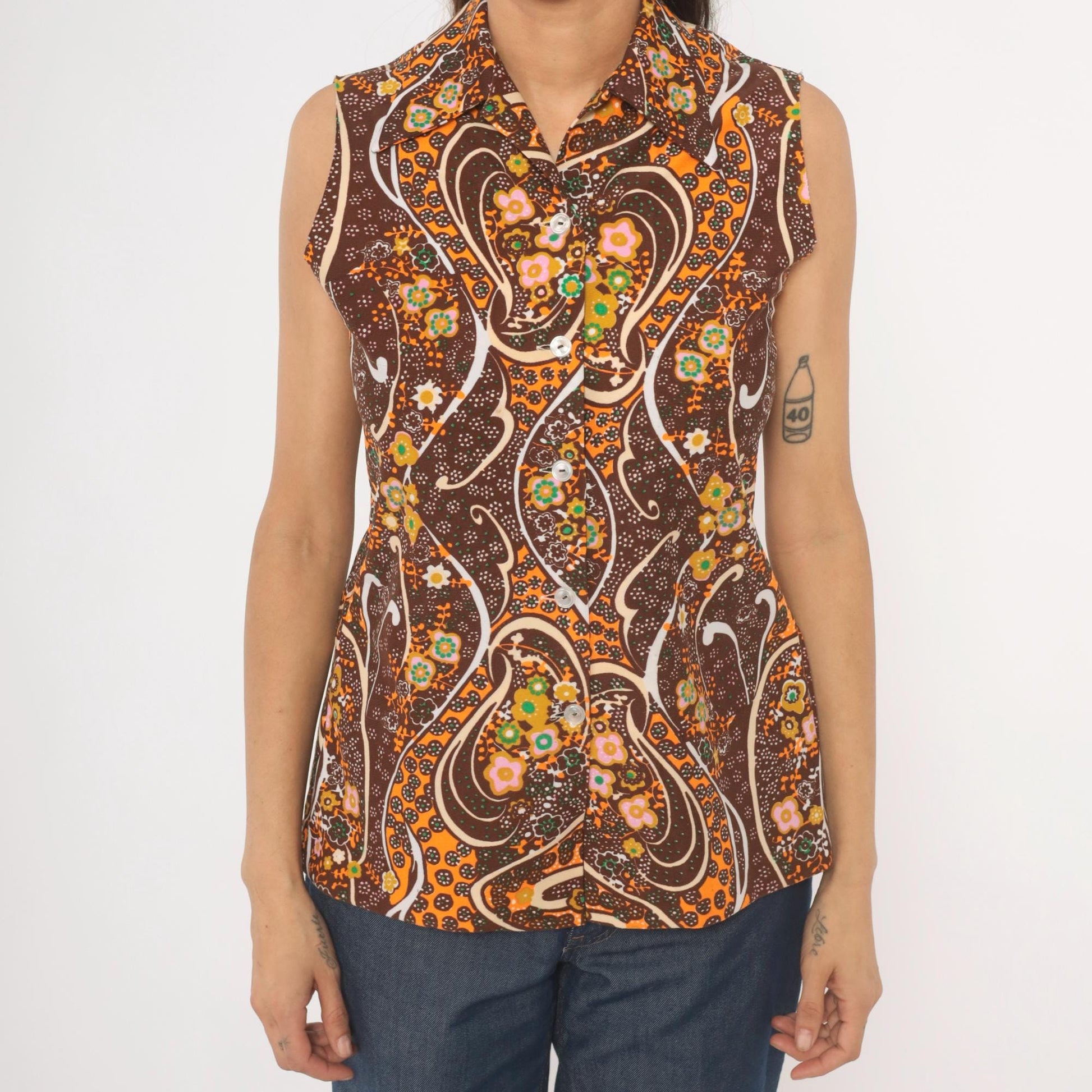 70s Psychedelic Paisley Sleeveless Blouse Brown Orange Floral Swirl Medium M