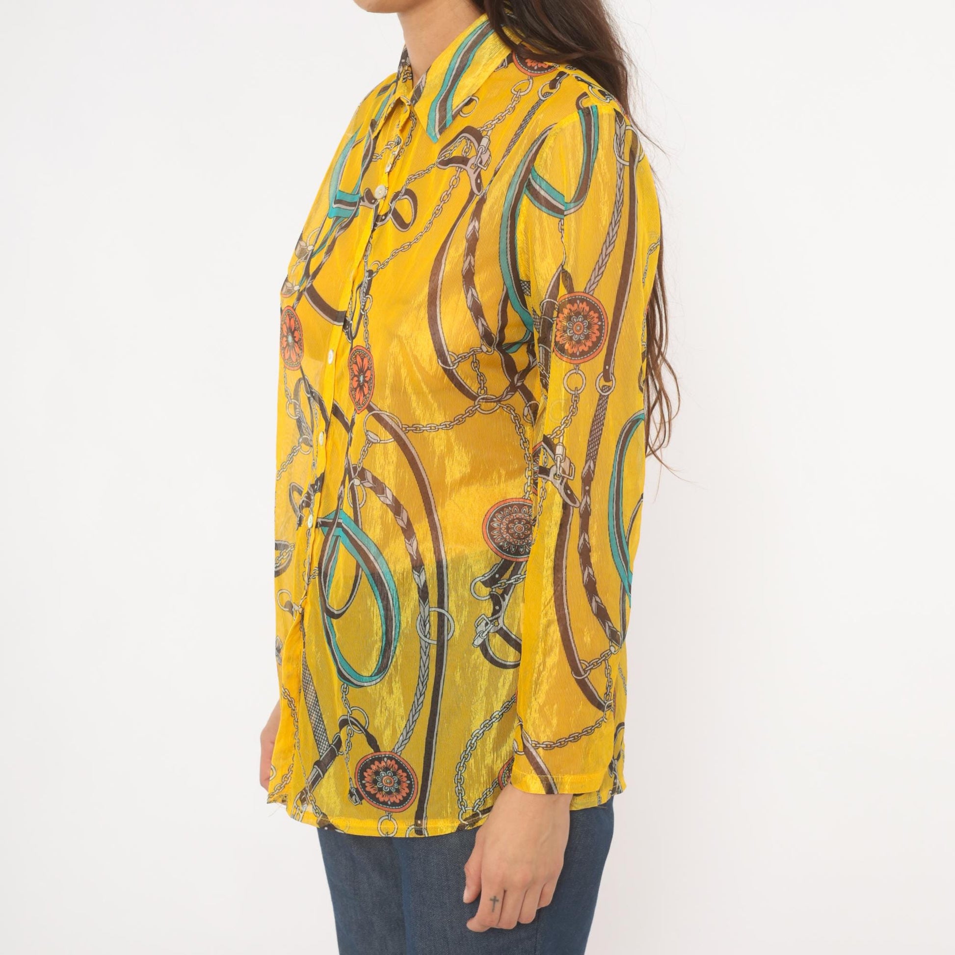 2000s Equestrian Chain Belt Print Sheer Blouse Mustard Gold Long Sleeve Large L