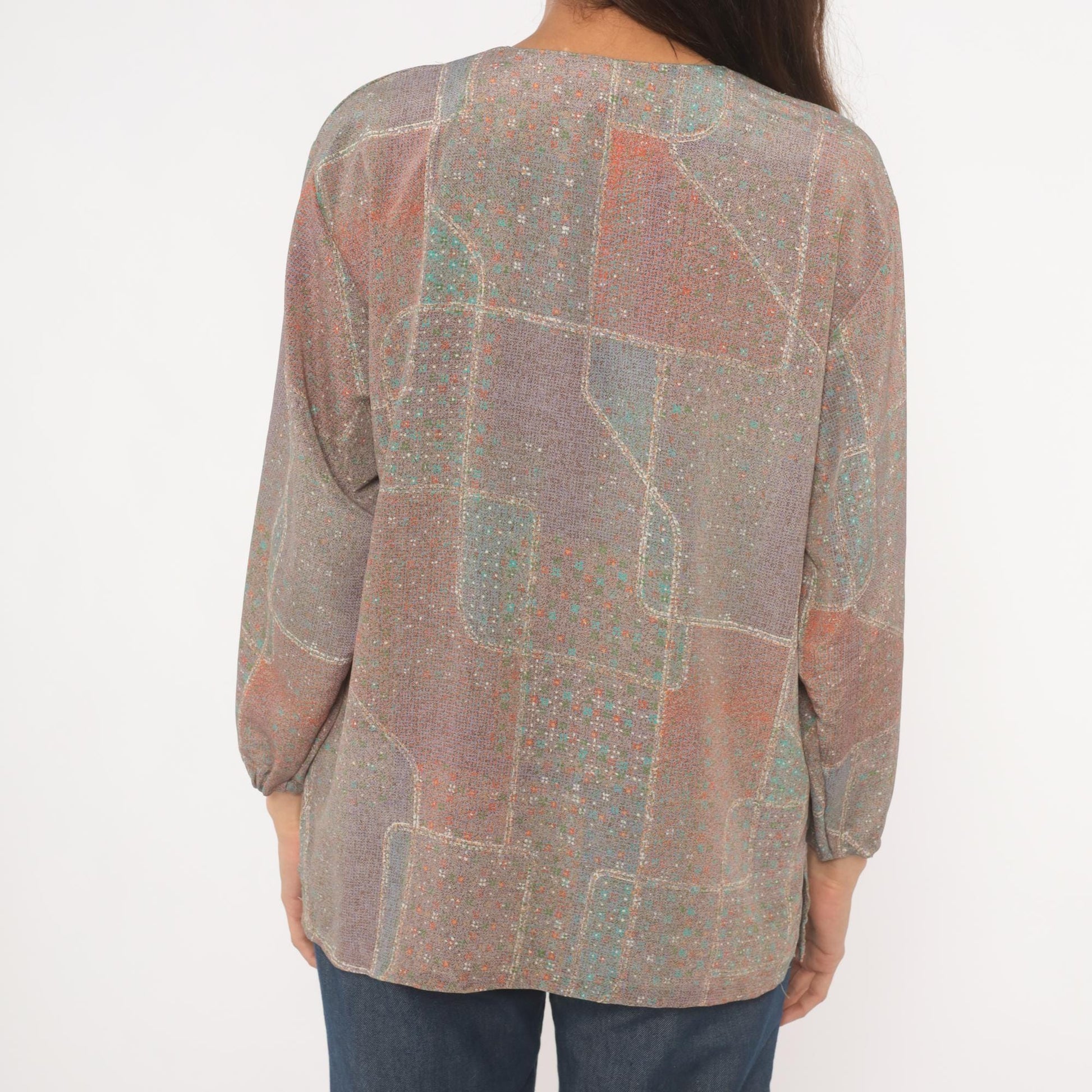 90s Patchwork Print Button-Front Blouse Grey Purple Geometric Large L