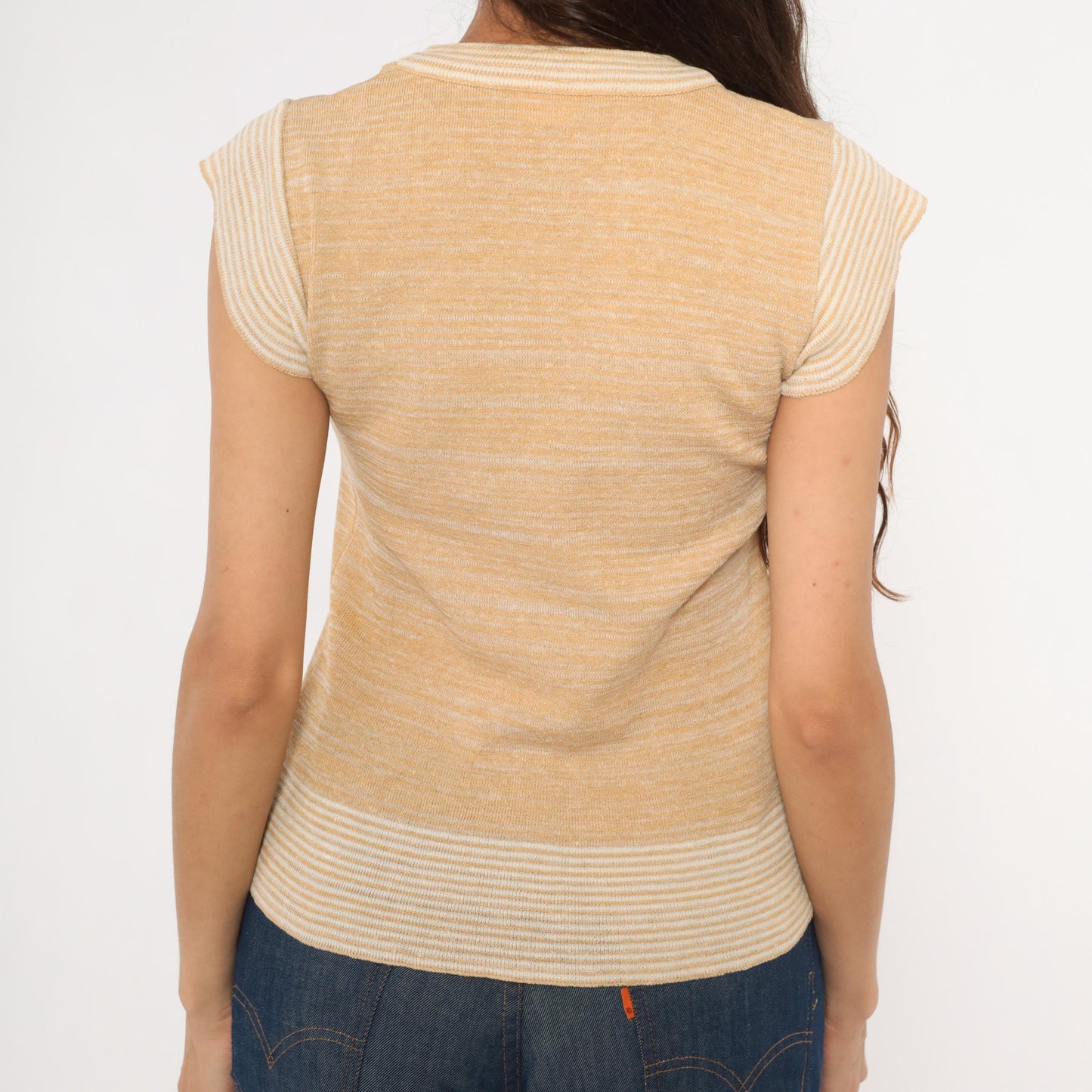 70s Tan Cream Striped Knit Top Cap Sleeve Scoop Neck Small S
