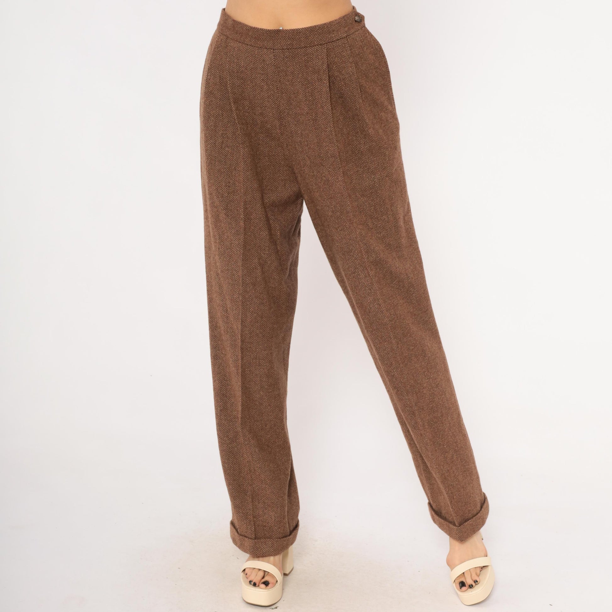 Ralph Lauren Wool Herringbone Trousers 90s Brown Pleated High Waist Large L