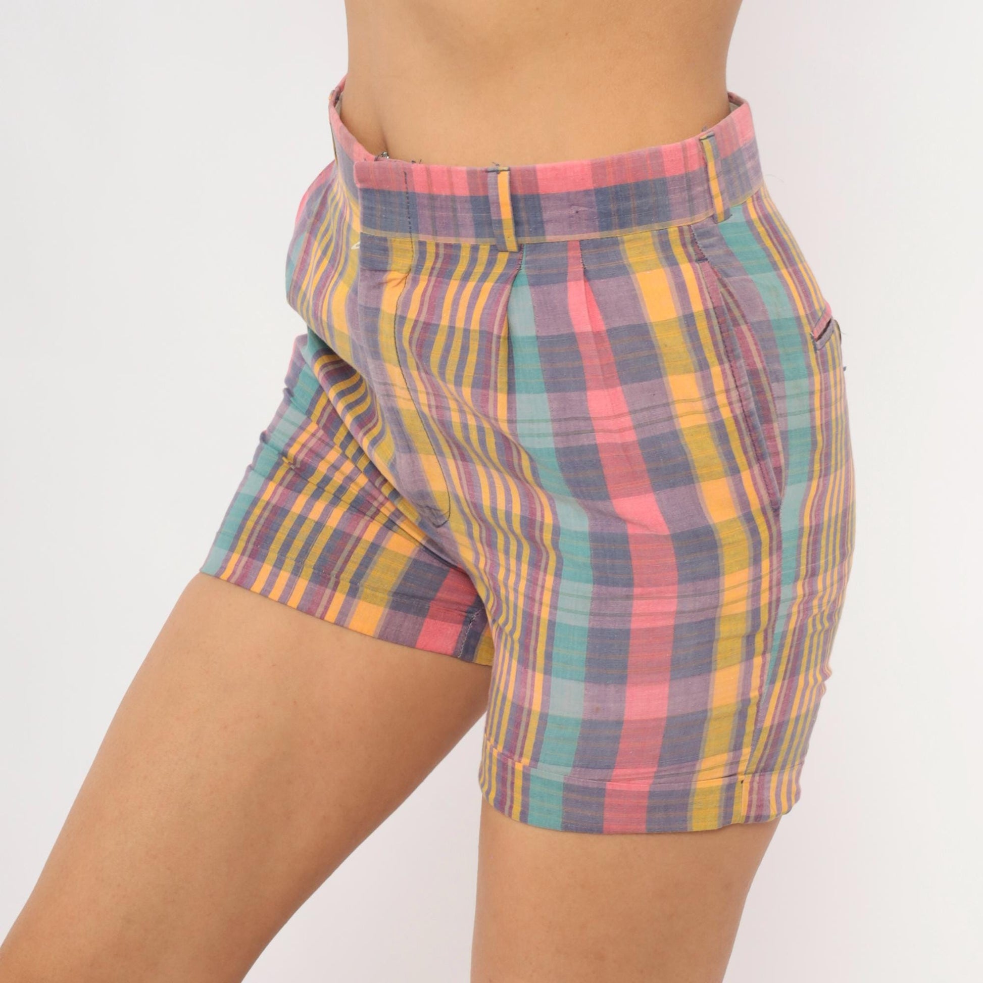 70s Skeets Madras Plaid Shorts Pink Purple Teal High Waist Cotton Medium M
