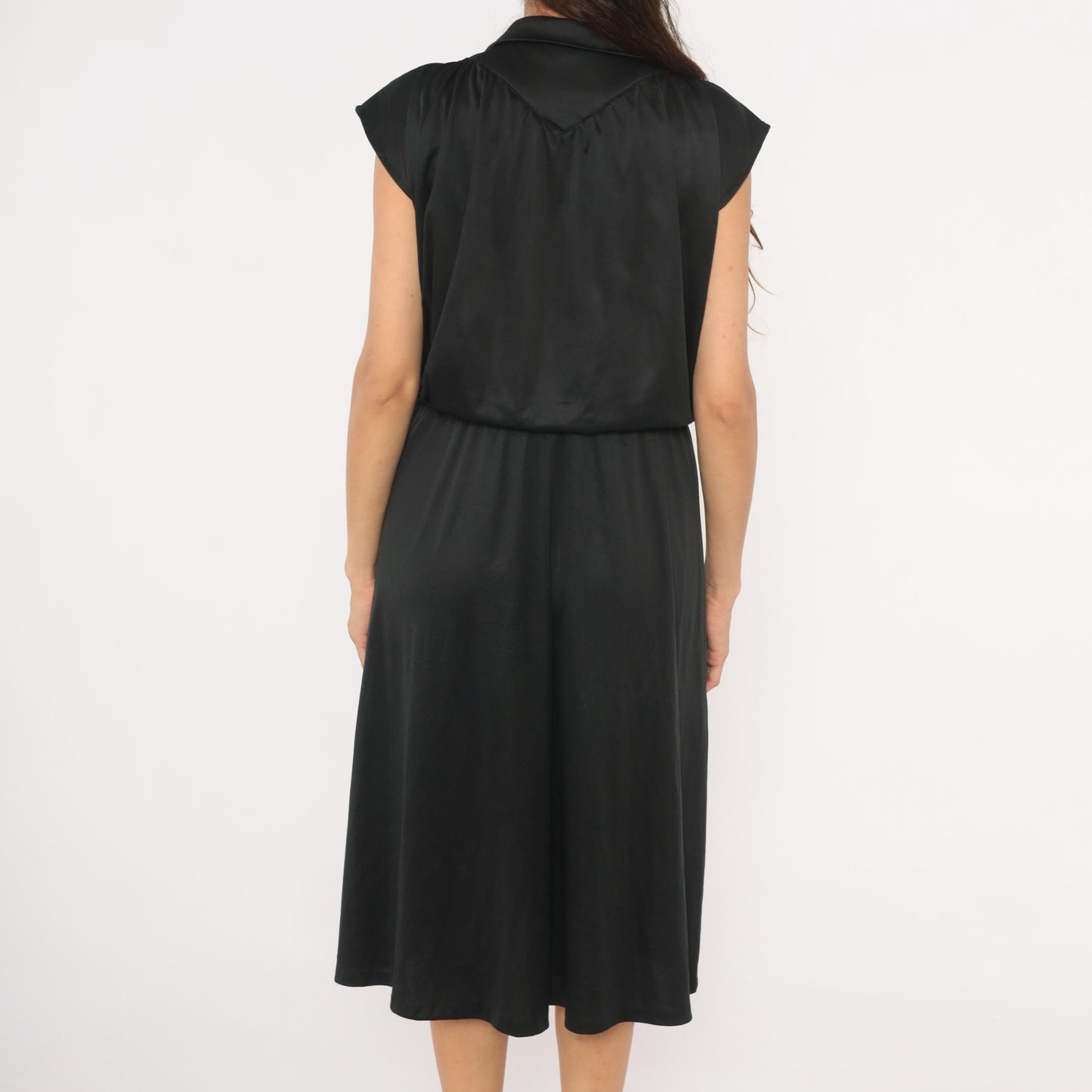 1970s Black Tie Neck Dress Cap Sleeve Keyhole Neckline Gathered Waist Large L