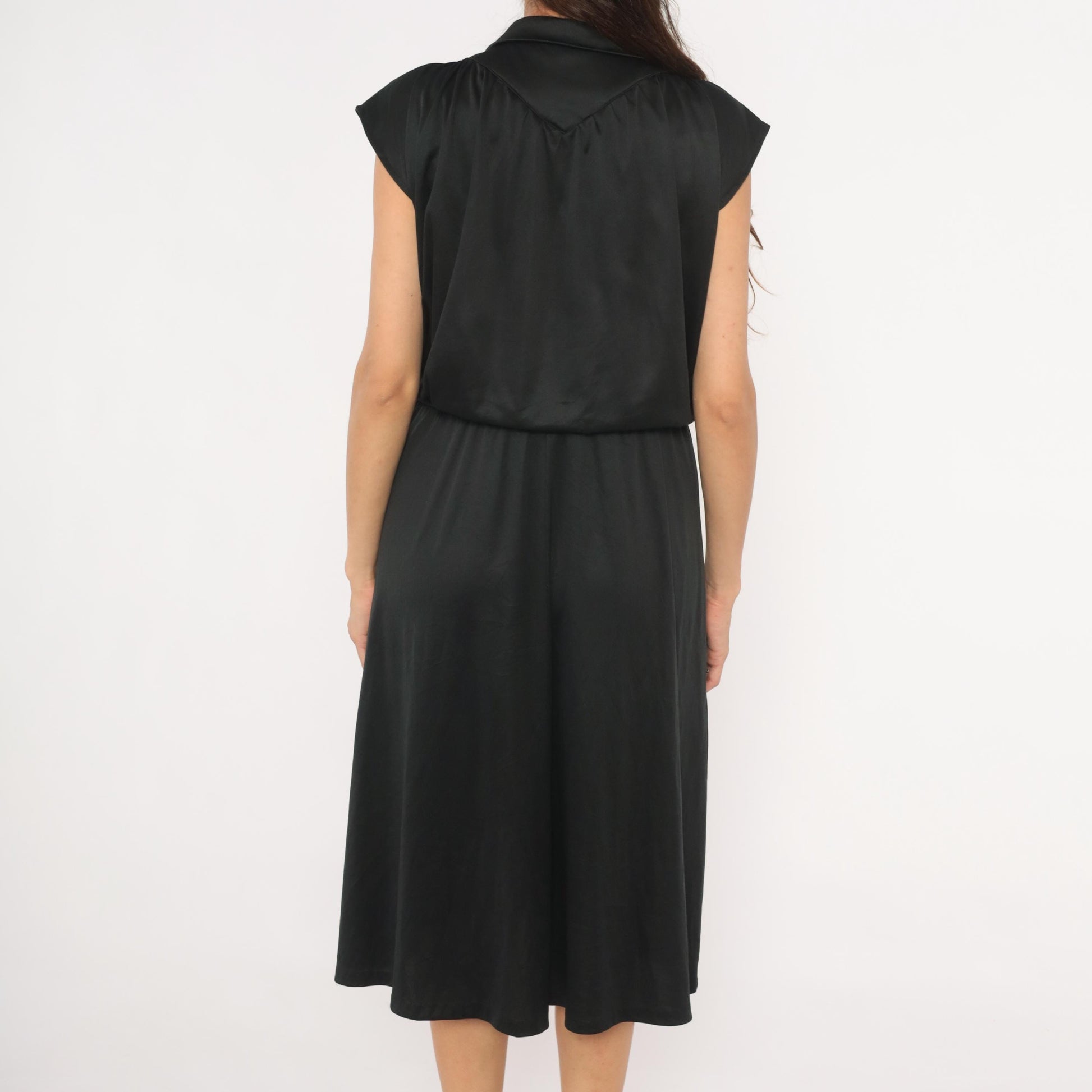1970s Black Tie Neck Dress Cap Sleeve Keyhole Neckline Gathered Waist Large L