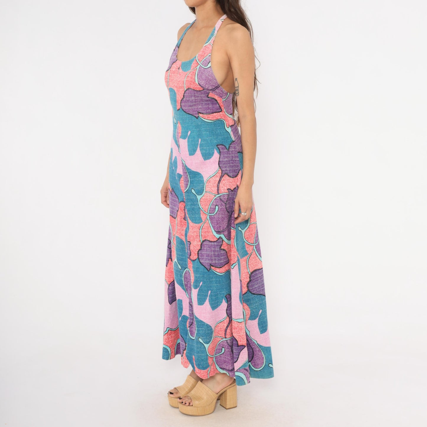 70s Psychedelic Floral Maxi Halter Dress Purple Teal Pink Cotton Small