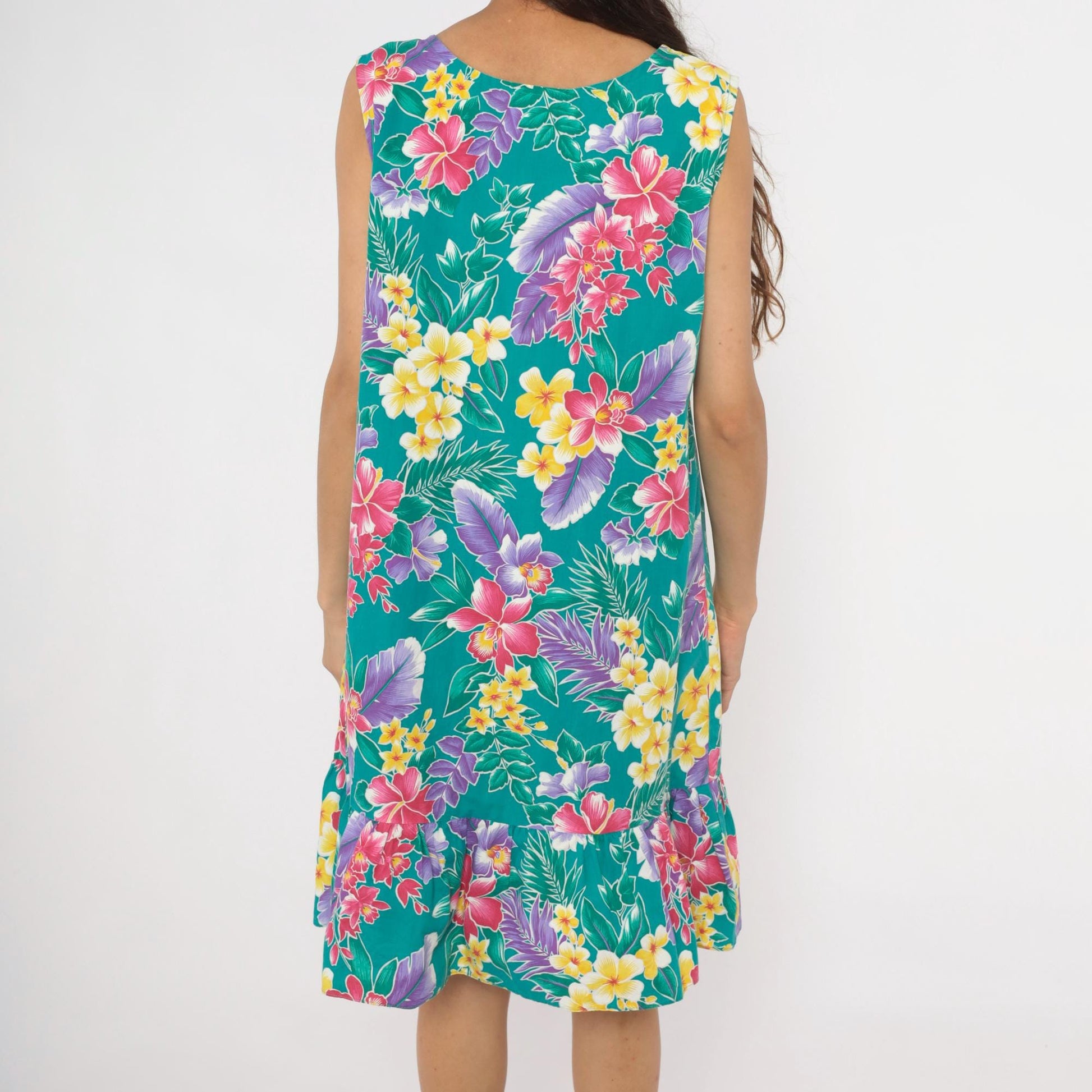 80s Kayla G Tropical Floral Sundress Teal Hawaiian Shift Knee-Length Extra Large XL